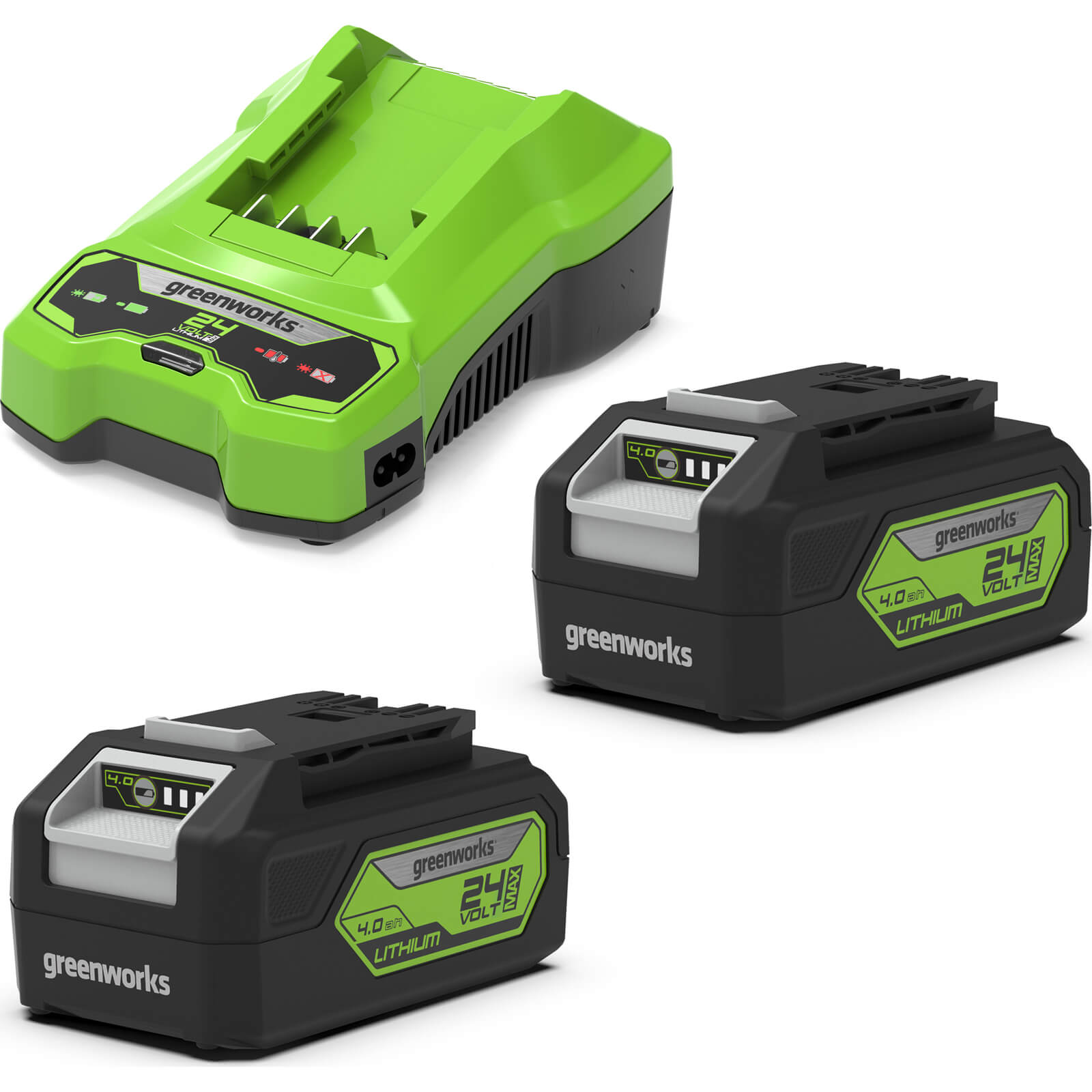Image of Greenworks 24v Cordless Twin 4ah Li-ion Batteries and Charger 4ah