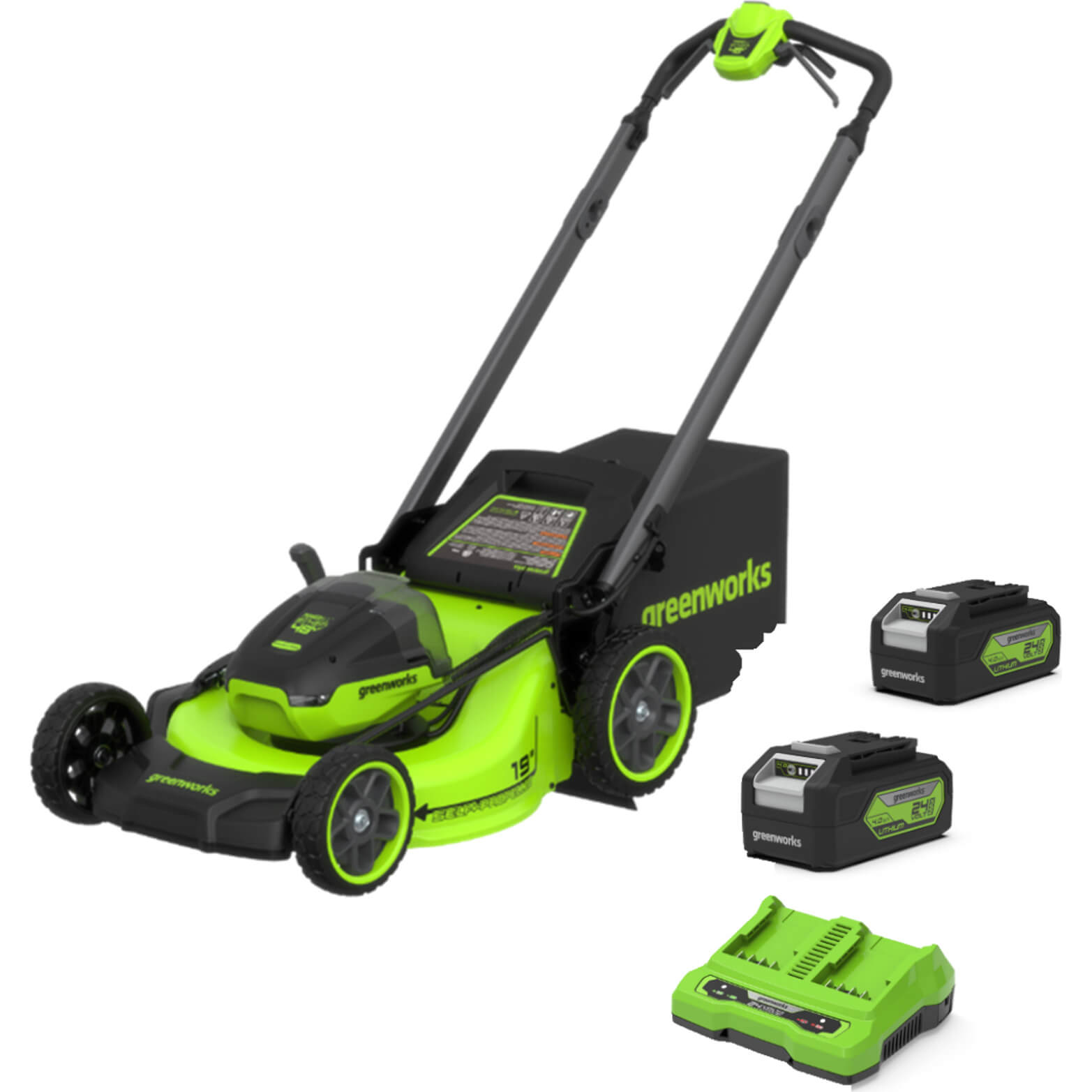 Greenworks MO48L 48v Cordless Brushless Self Propelled Rotary Lawnmower 460mm 2 x 4ah Li-ion Twin Battery Charger