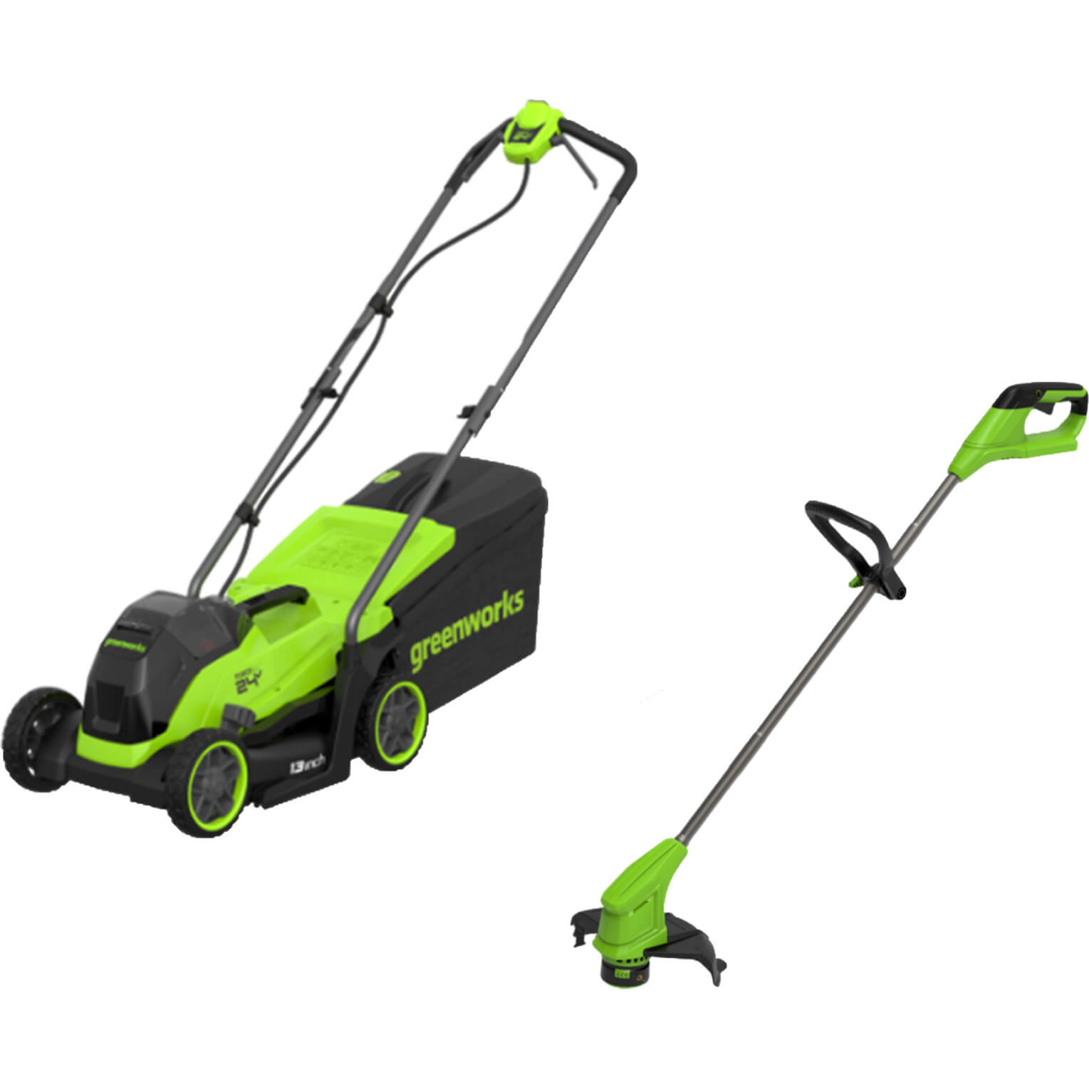 Greenworks Twin 24v Cordless Lawnmower 360mm and 24v Grass Trimmer 250mm 2 x 4ah Li-ion Twin Battery Charger