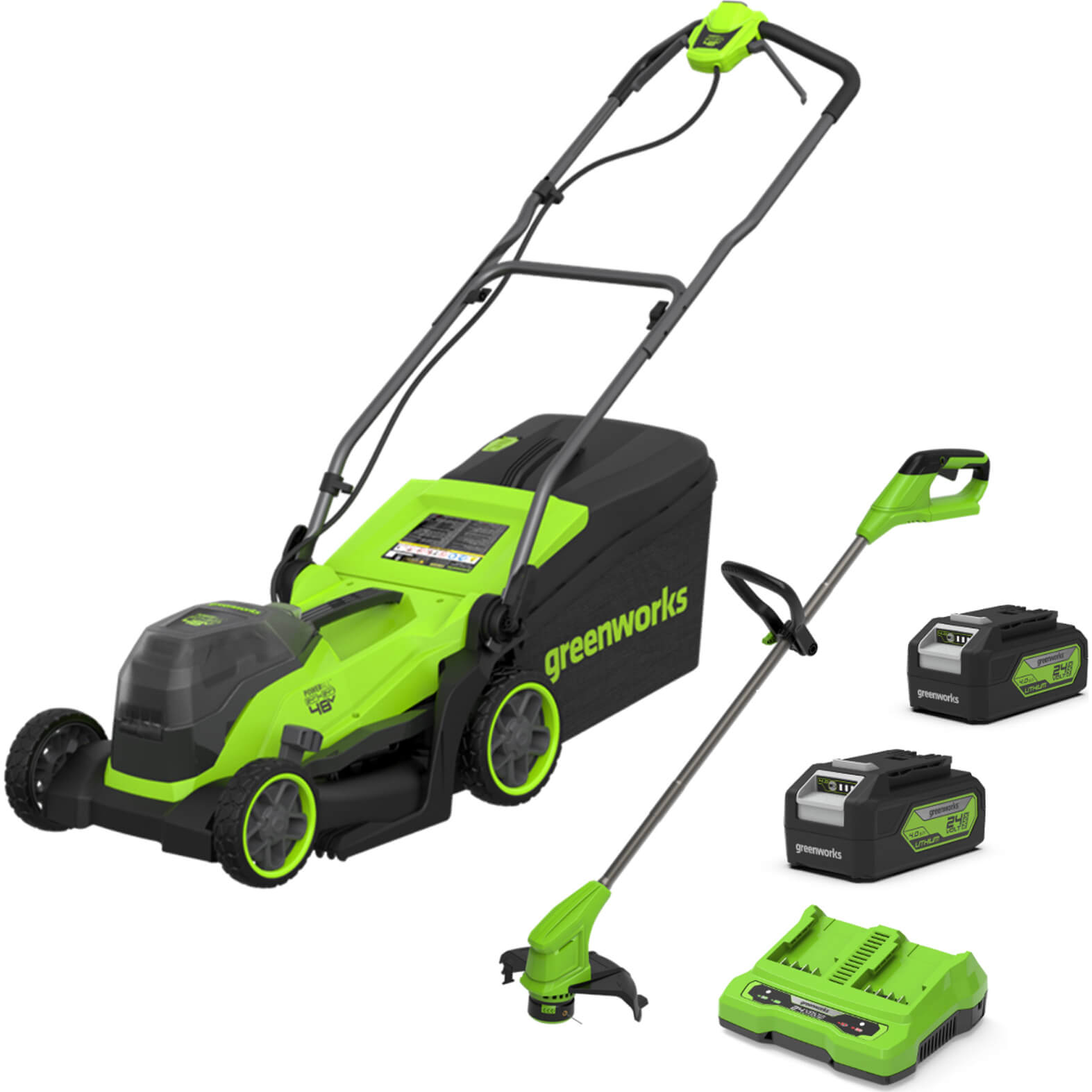 Greenworks Twin 24v Cordless Lawnmower 360mm and 24v Grass Trimmer 250mm 2 x 4ah Li-ion Twin Battery Charger
