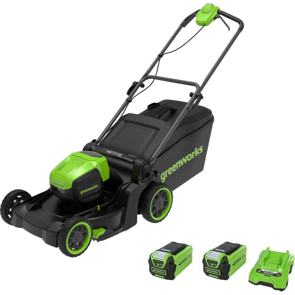 Greenworks MO40L 40v Cordless Brushless Rotary Lawnmower 410mm 2 x 2ah Li-ion Battery Charger