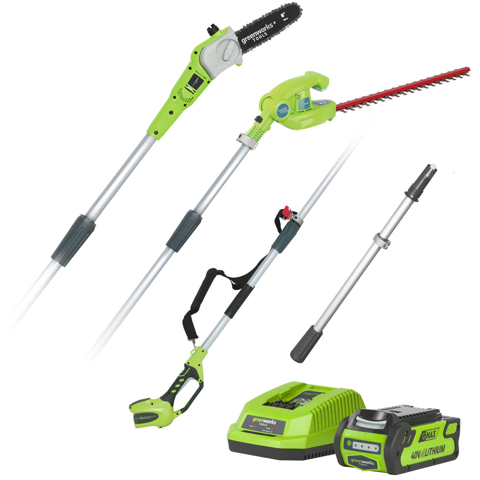 Greenworks G40PSH 40v Cordless Long Reach Hedge Trimmer and Tree Pruner 1 x 2ah Li-ion Charger