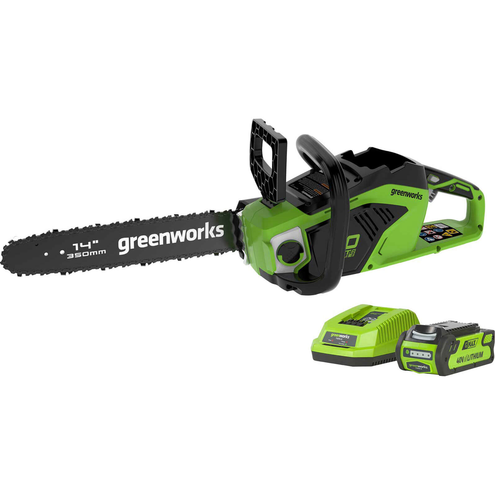Image of Greenworks GD40CS15 40v Cordless Brushless Chainsaw 350mm 1 x 2ah Li-ion Charger