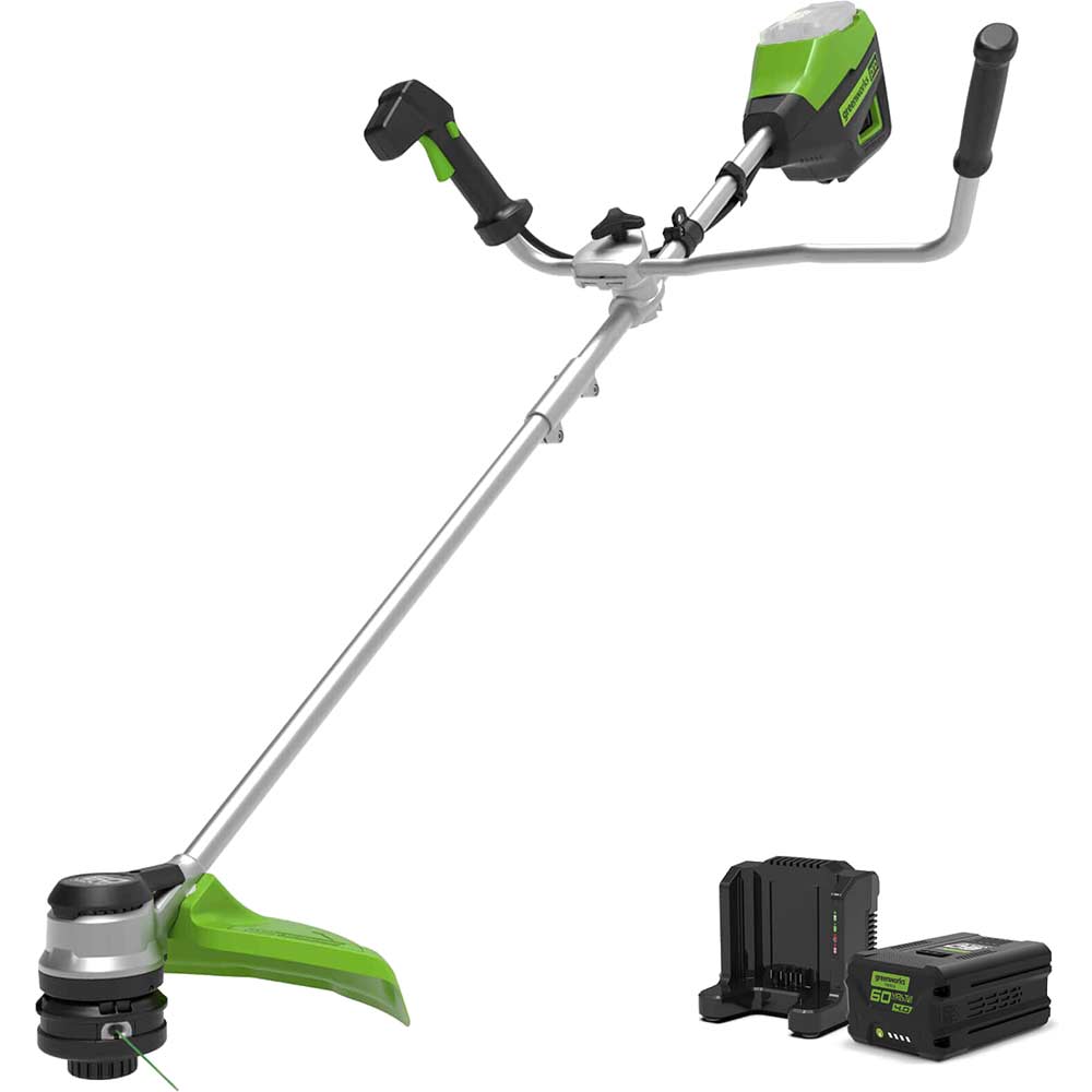Greenworks GD60BCB 60v Cordless Brushless Grass Trimmer with Bike Handle 1 x 4ah Li-ion Battery Charger