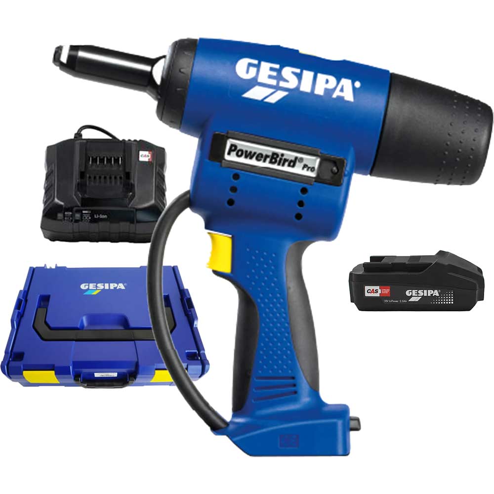 Gesipa PowerBird Pro Gold Edition Cordless Riveter 1 x 2ah Li-ion Battery Charger Case