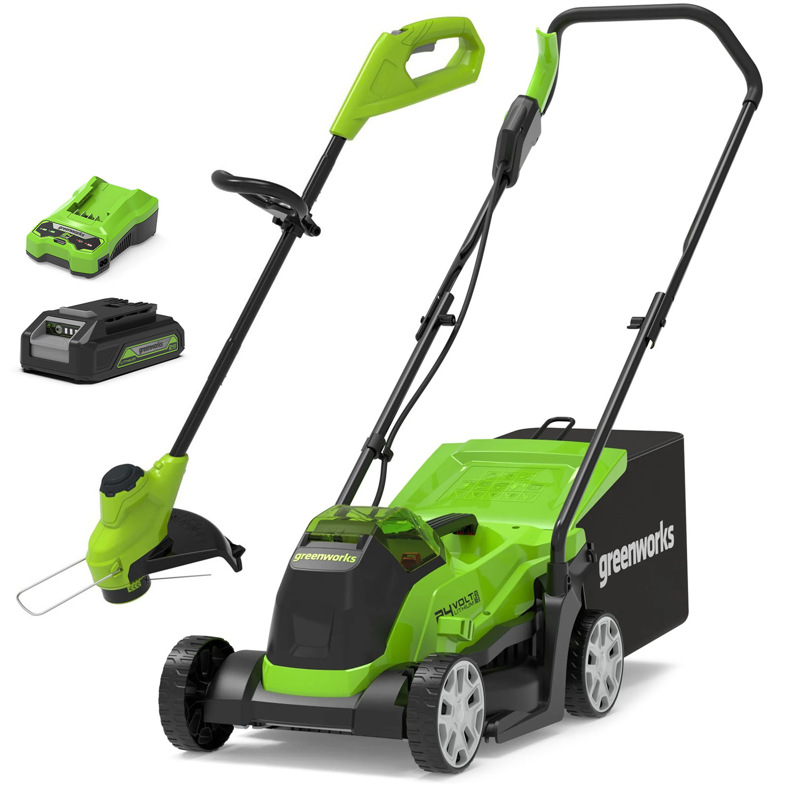 Greenworks 24v Cordless Brushless Rotary Lawnmower 330mm and Grass Trimmer 250mm 1 x 2ah Li-ion Charger