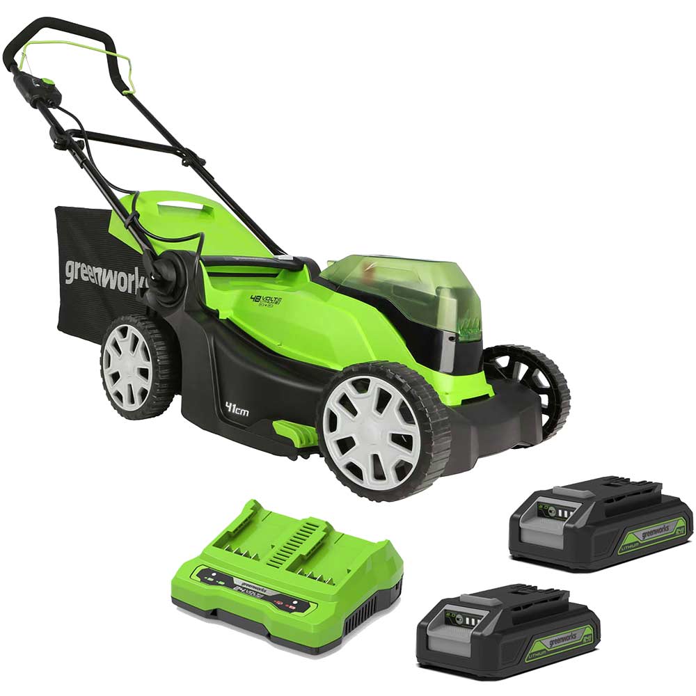 Greenworks G24X2LM41 48v Cordless Rotary Lawnmower 410mm 2 x 2ah Li-ion Battery Charger