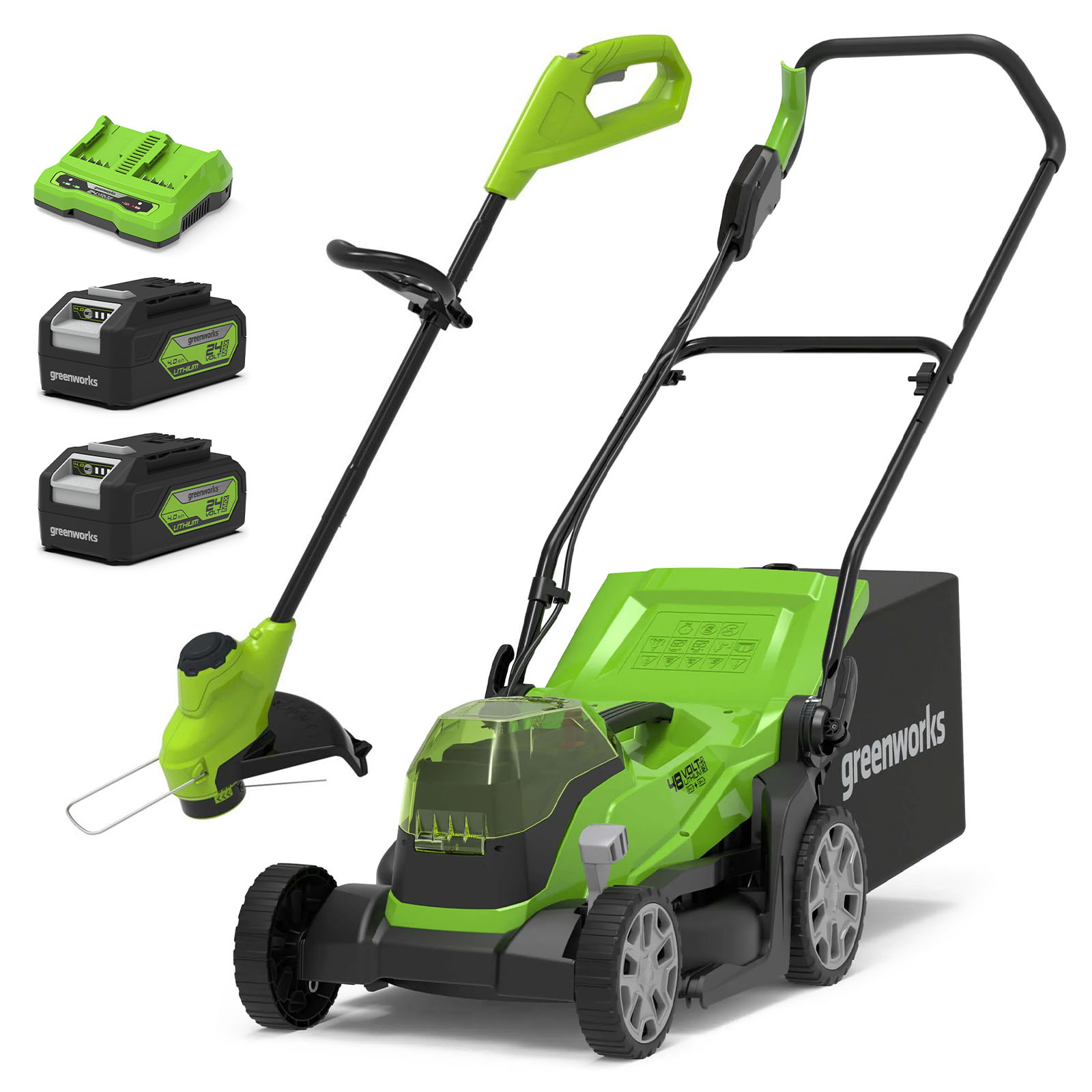 Greenworks 48v Cordless Rotary Lawnmower and Grass Trimmer 250mm 2 x 4ah Li-ion Charger