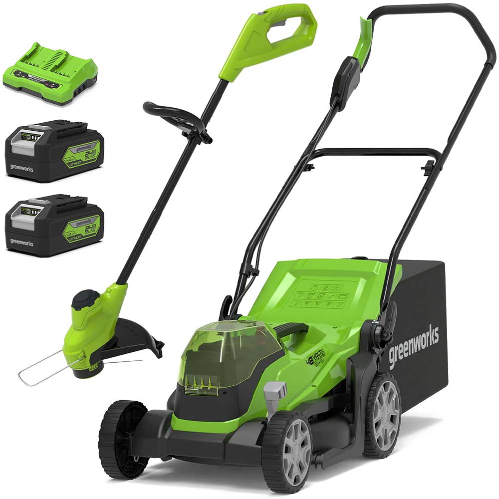 Greenworks 48v Cordless Rotary Lawnmower and Grass Trimmer 250mm 2 x 4ah Li-ion Battery Charger