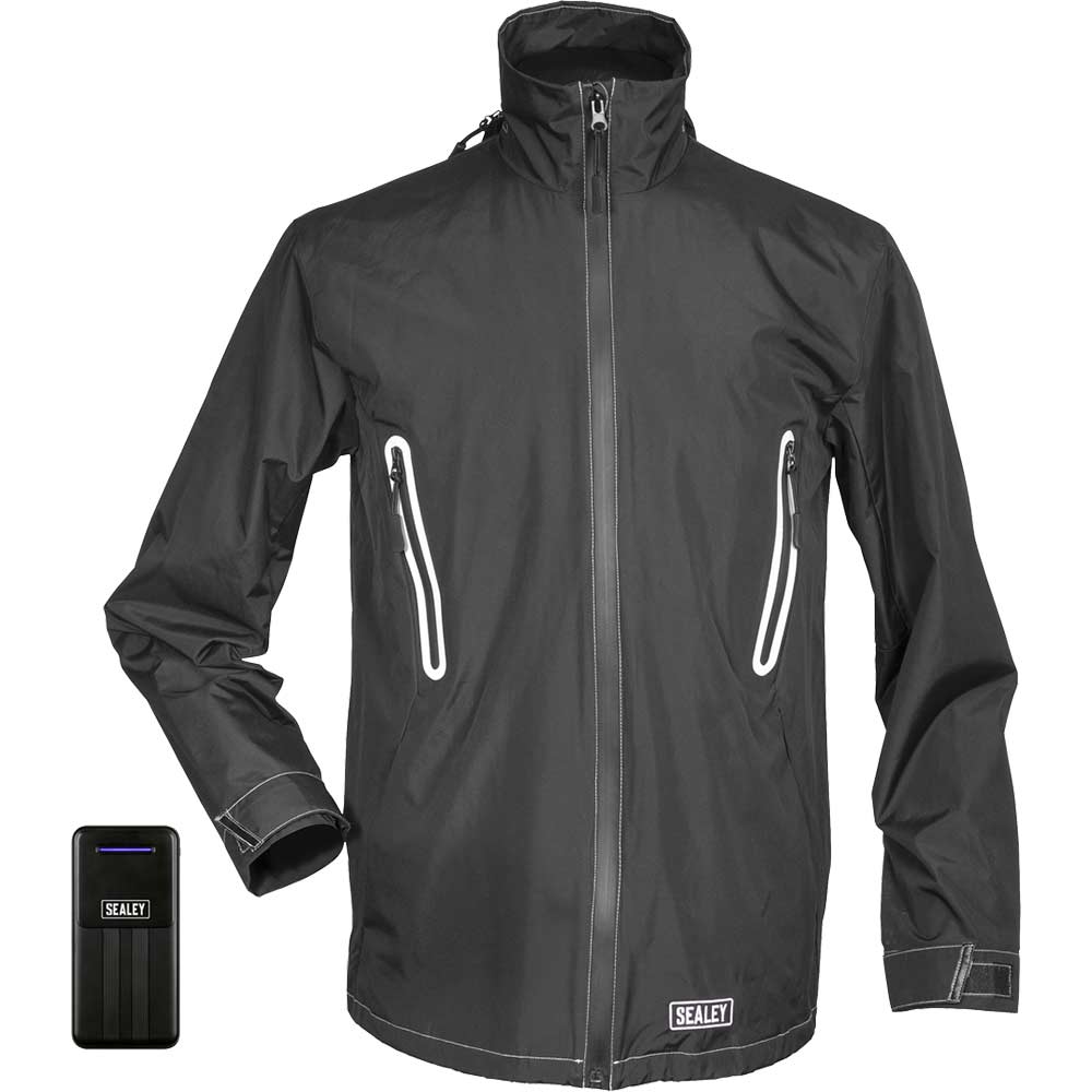 Sealey 5v Heated Rain Jacket and 10ah Power Bank Black M