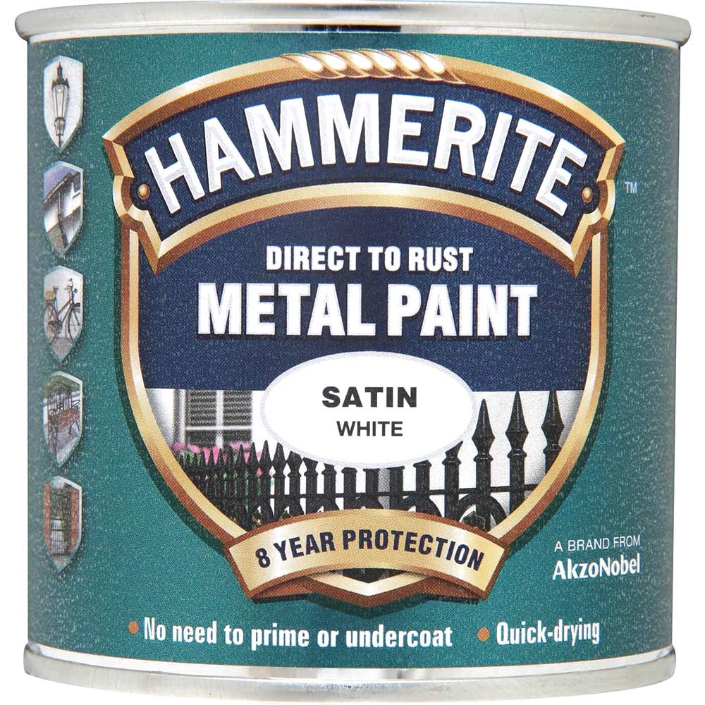 Image of Hammerite Satin Finish Metal Paint White 250ml