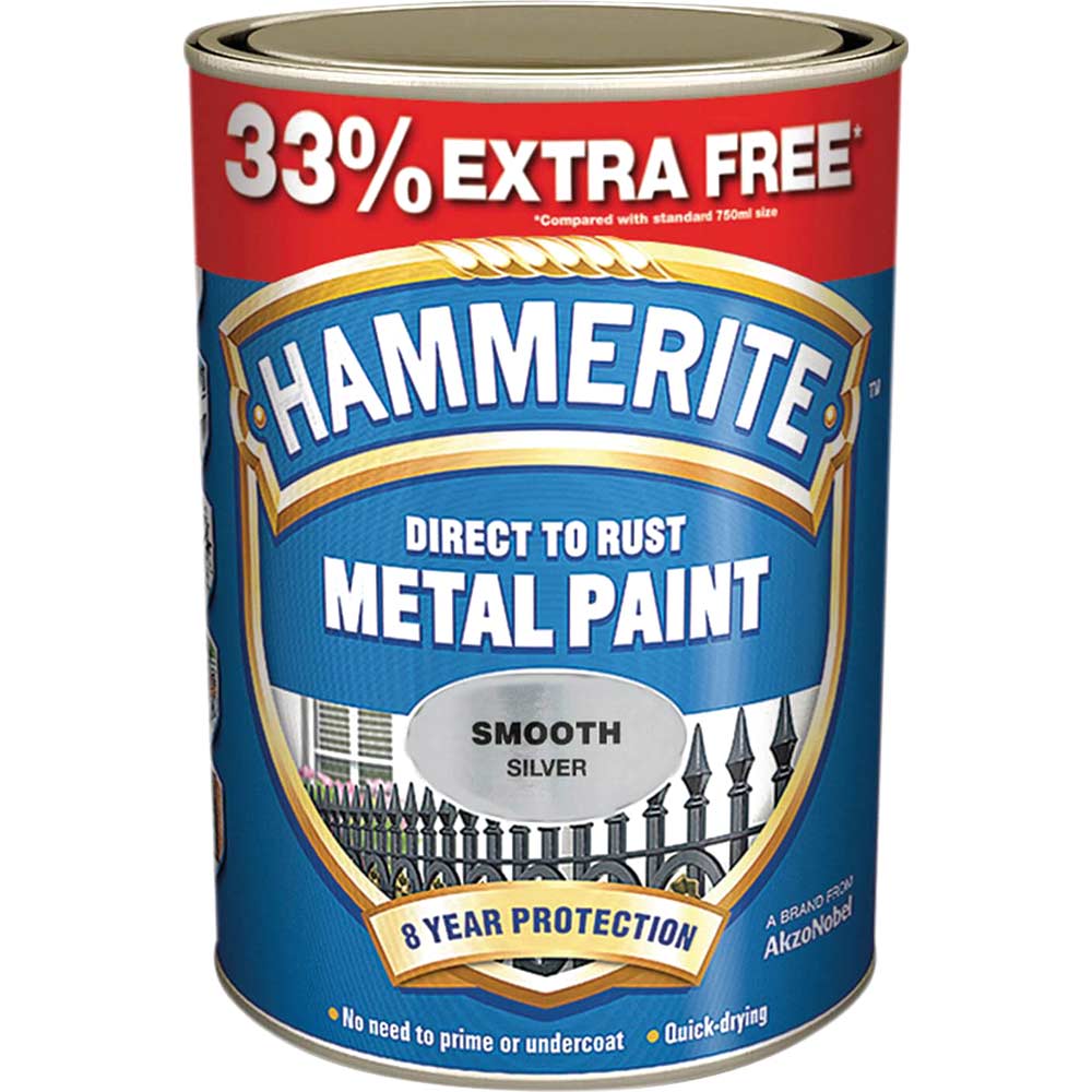 Image of Hammerite Smooth Finish Metal Paint Silver 997ml