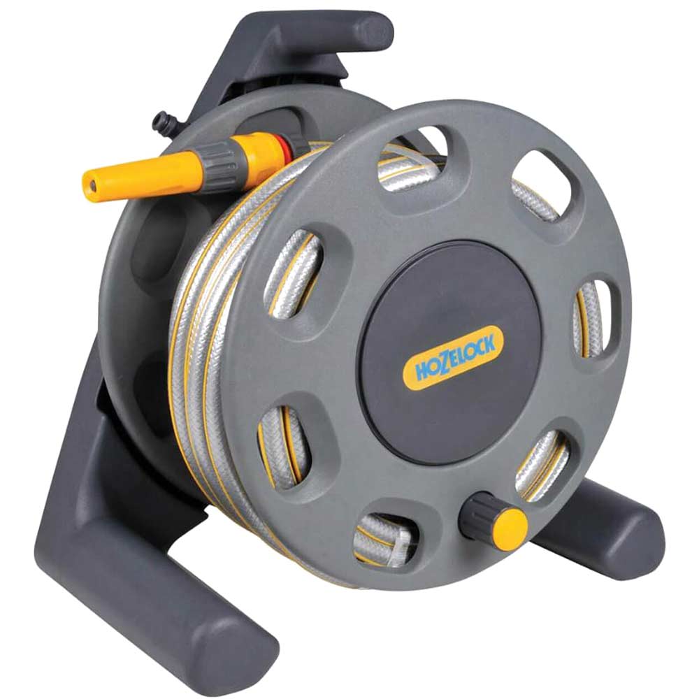 Image of Hozelock Compact Floor Standing Hose Reel 1/2" / 12.5mm 25m Grey & Yellow