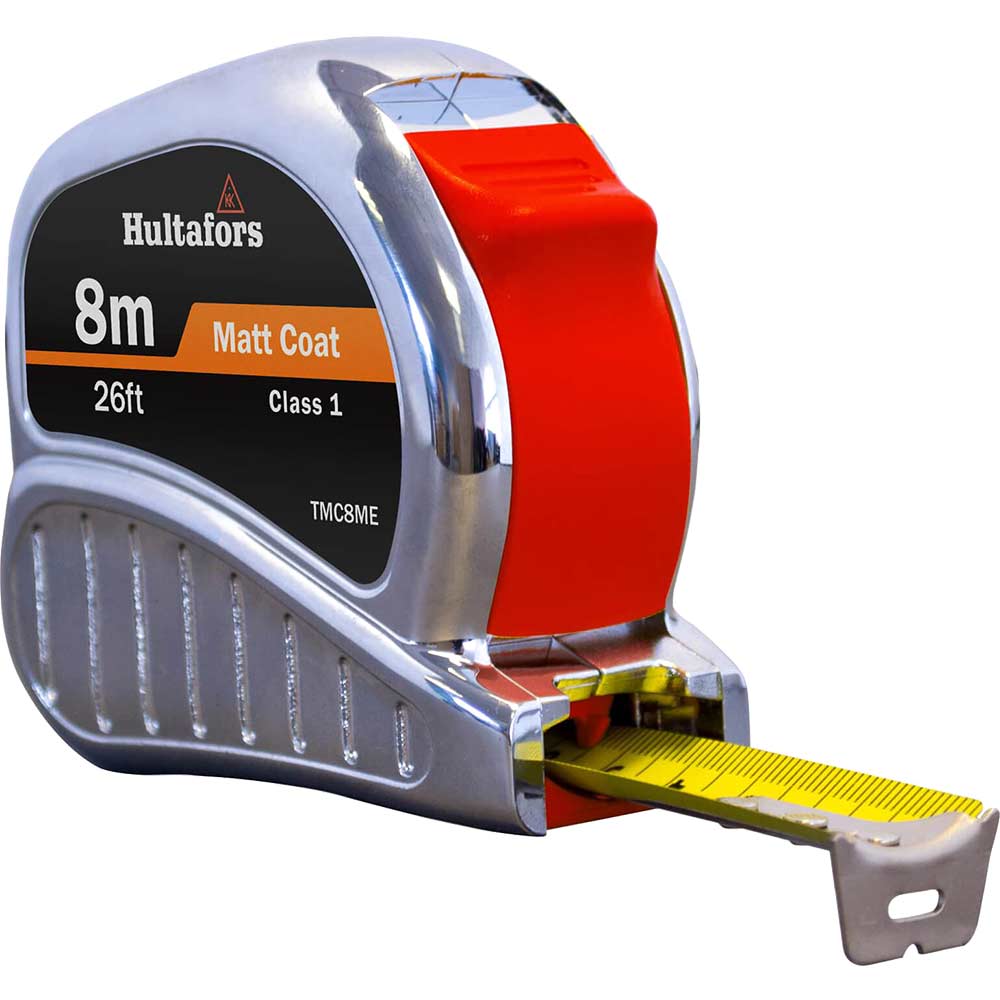Image of Hultafors Chrome Tri Matic Pocket Tape Measure Imperial & Metric 26ft / 8m 25mm