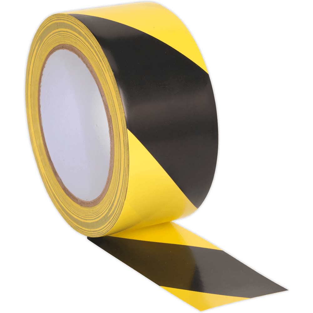 Image of Sealey Adhesive Hazard Warning Tape Black / Yellow 50mm 33m