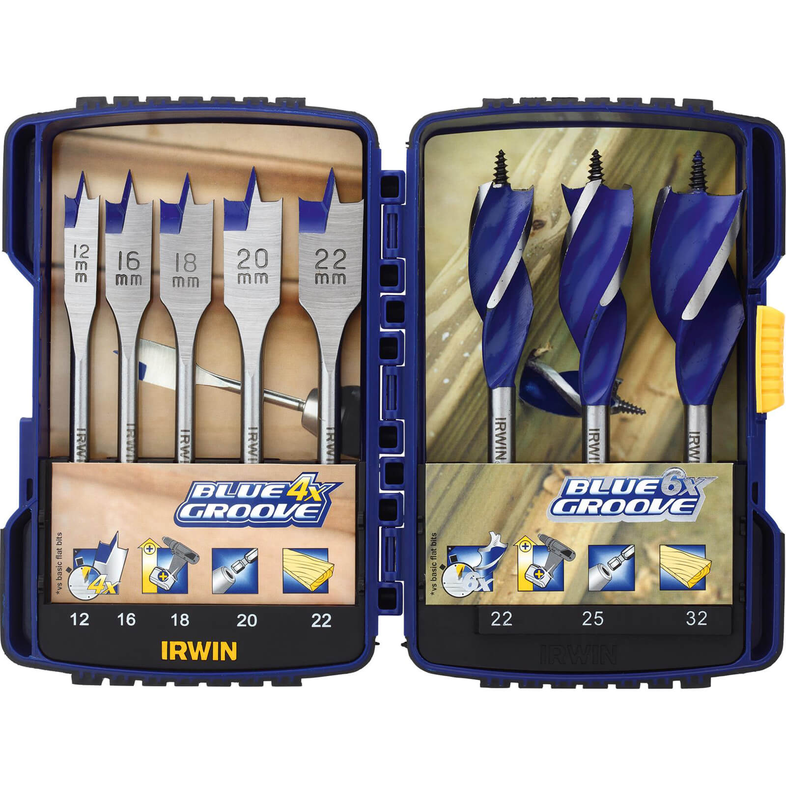 Image of Irwin Blue Groove 8 Piece Auger and Flat Wood Drill Bit Set