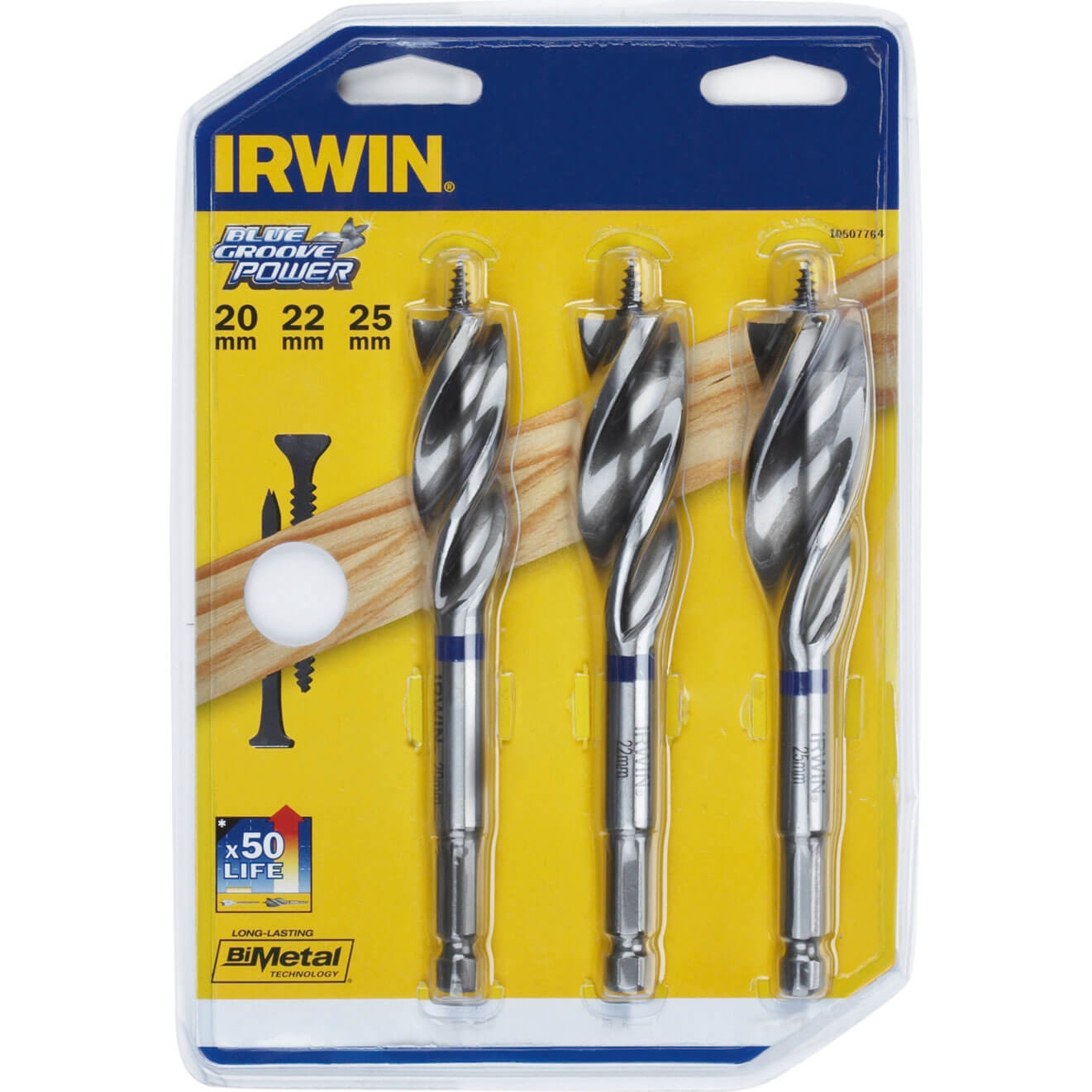Image of Irwin 3 Piece Blue Groove Nail Biteing Power Wood Drill Bit Set