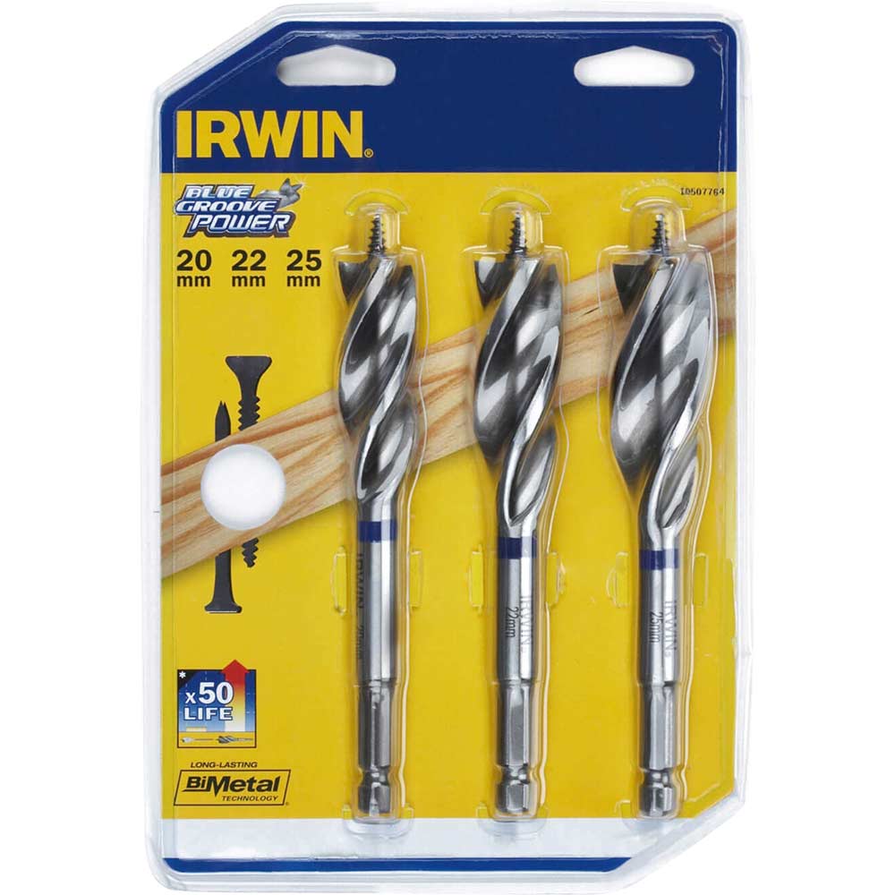 Image of Irwin 3 Piece Blue Groove Nail Biteing Power Wood Drill Bit Set