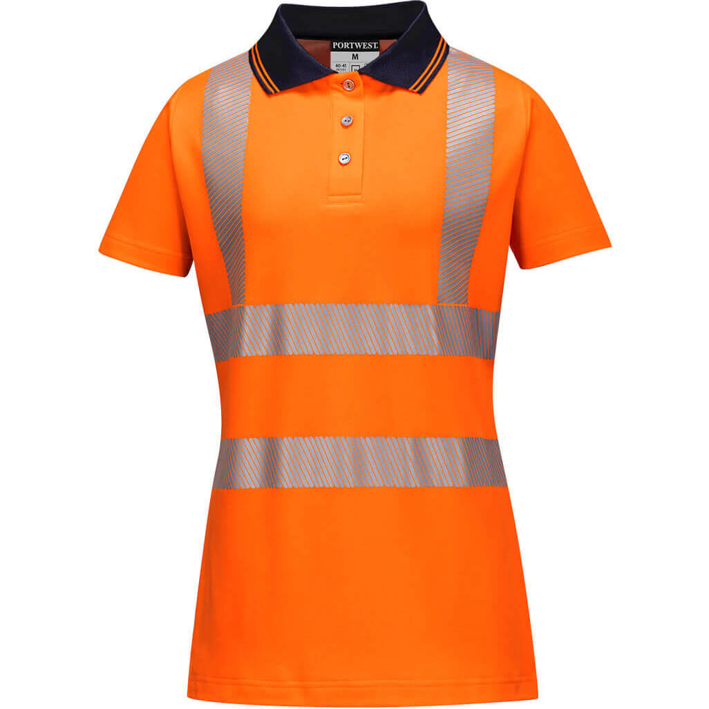 Image of Portwest Hi Vis Womens Cotton Comfort Pro Polo Short Sleeve Shirt Orange / Black XS