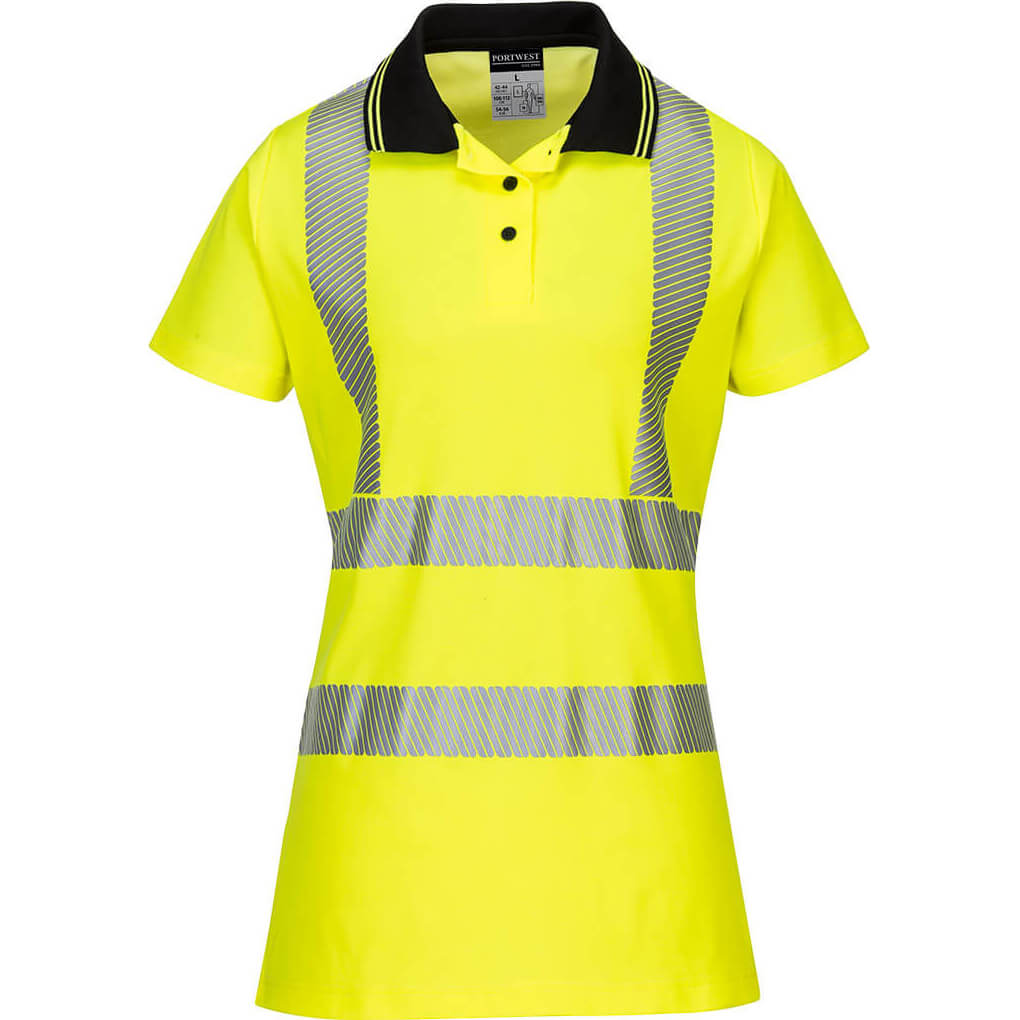 Image of Portwest Hi Vis Womens Cotton Comfort Pro Polo Short Sleeve Shirt Yellow / Black S