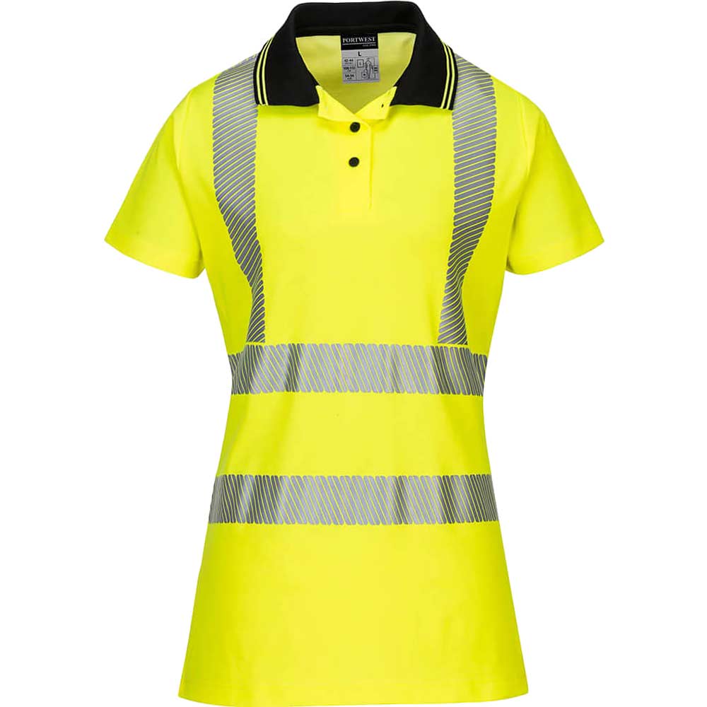 Image of Portwest Hi Vis Womens Cotton Comfort Pro Polo Short Sleeve Shirt Yellow / Black M