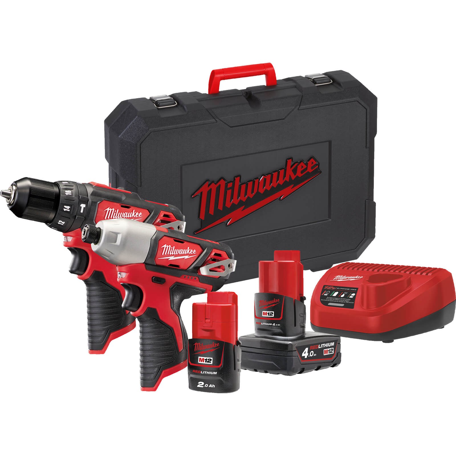 Image of Milwaukee M12 BPP2B 12v Cordless Combi Drill and Impact Driver Kit 1 x 2ah & 1 x4ah Li-ion Charger Case