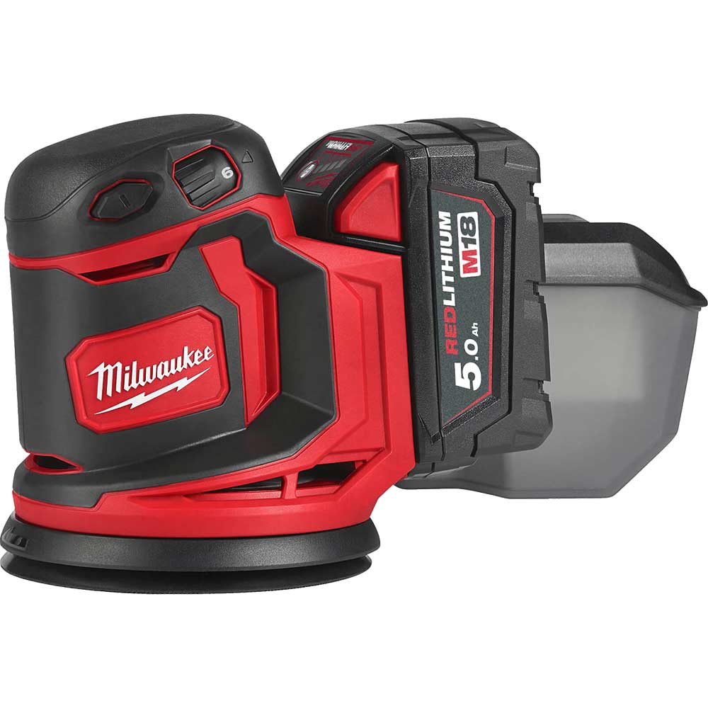 Image of Milwaukee M18 BOS125 18v Cordless Random Orbital Disc Sander 125mm 2 x 5ah Li-ion Charger Bag