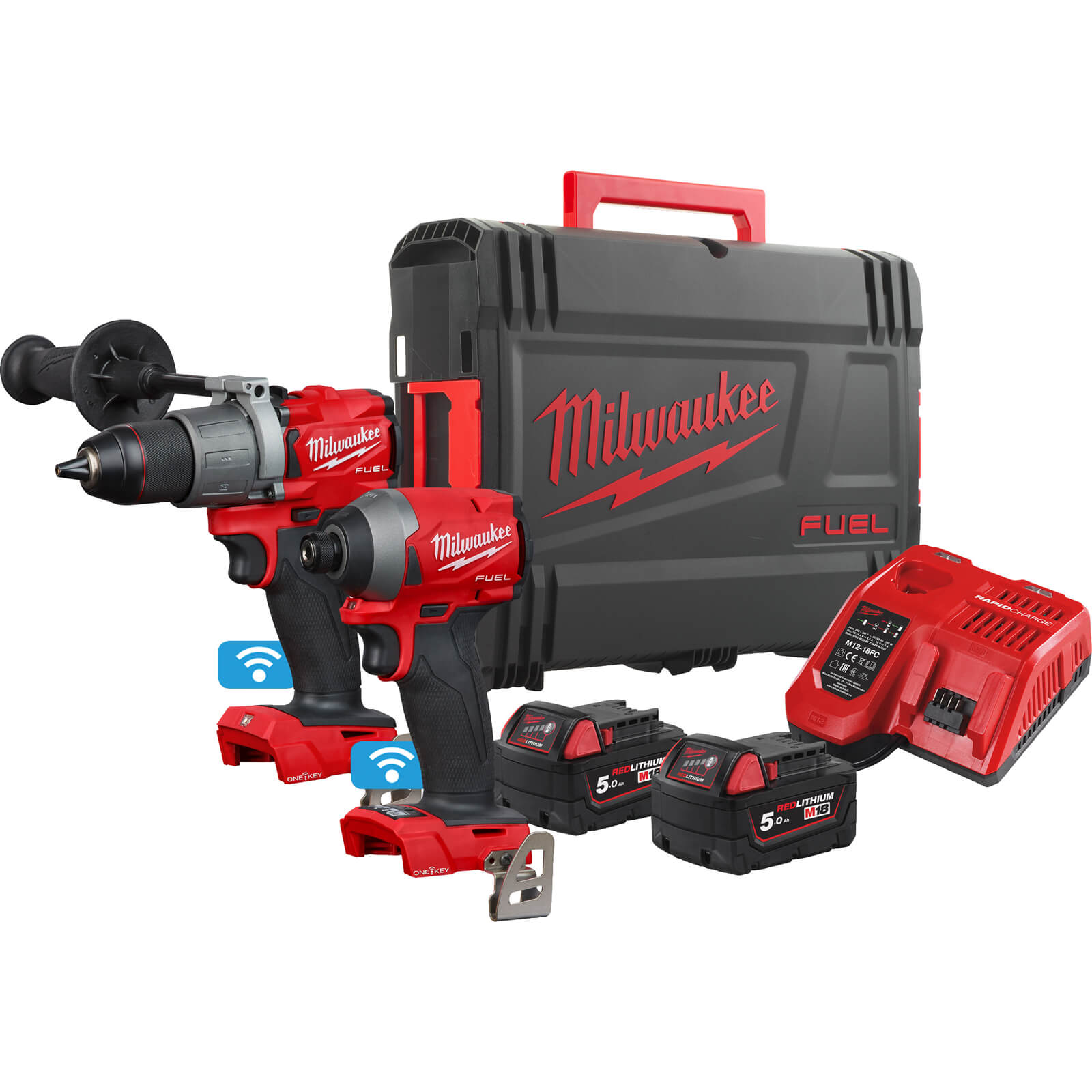 Image of Milwaukee M18 ONEPP2A2 Fuel 18v Cordless Brushless Combi Drill and Impact Driver Kit 2 x 5ah Li-ion Charger Case