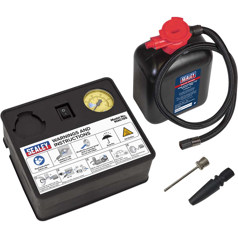 Sealey 12v Tyre Inflator and Emergency Puncture Repair Sealant Kit
