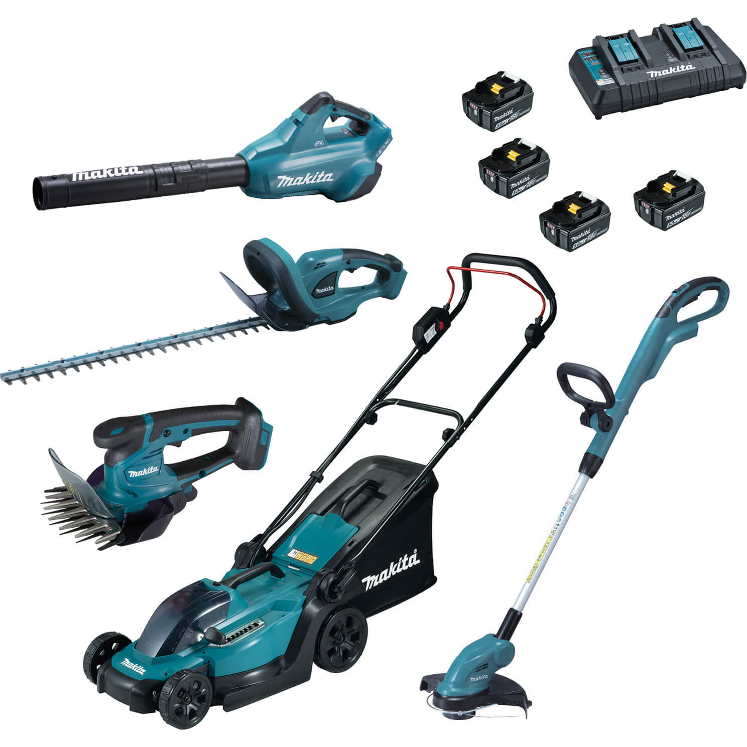 Image of Makita 18v LXT Cordless Complete Garden Set 4 x 5ah Li-ion Twin Battery Charger