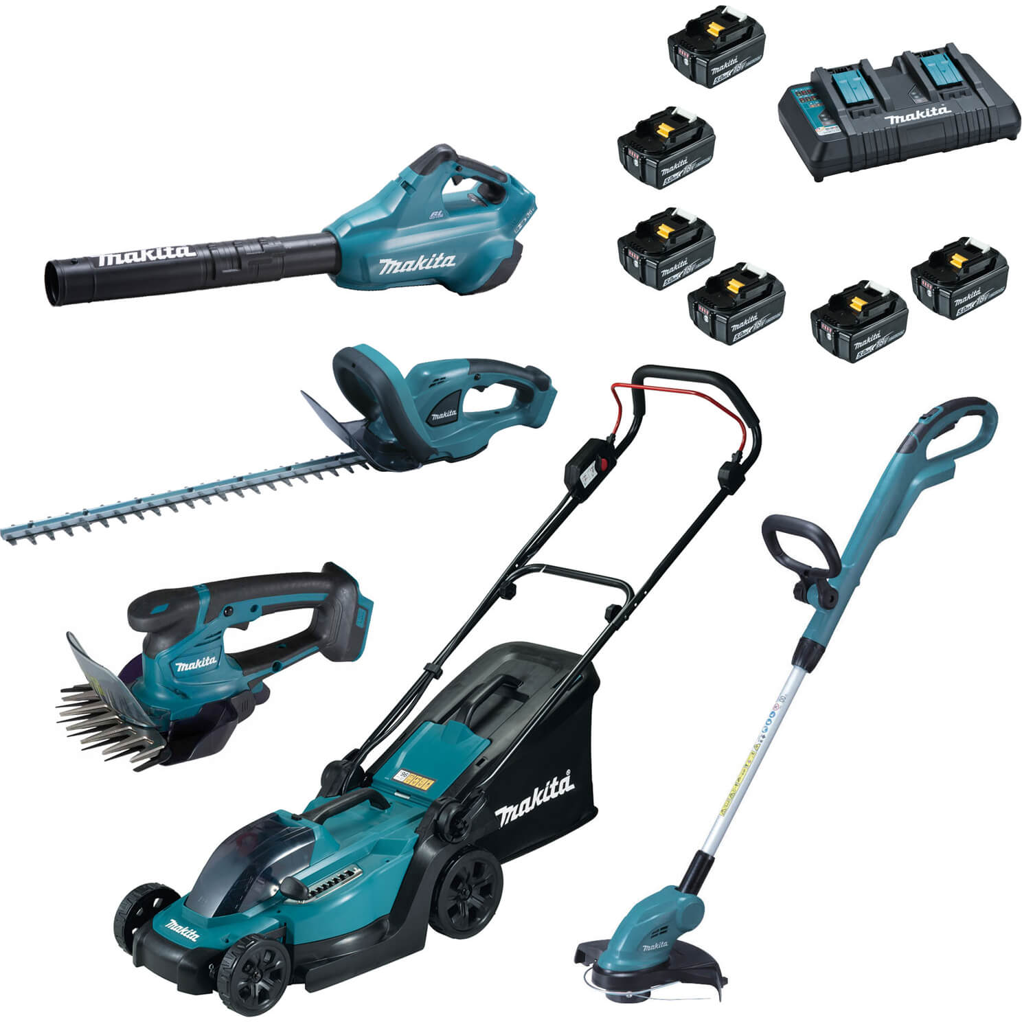 Image of Makita 18v LXT Cordless Complete Garden Set 6 x 5ah Li-ion Twin Battery Charger