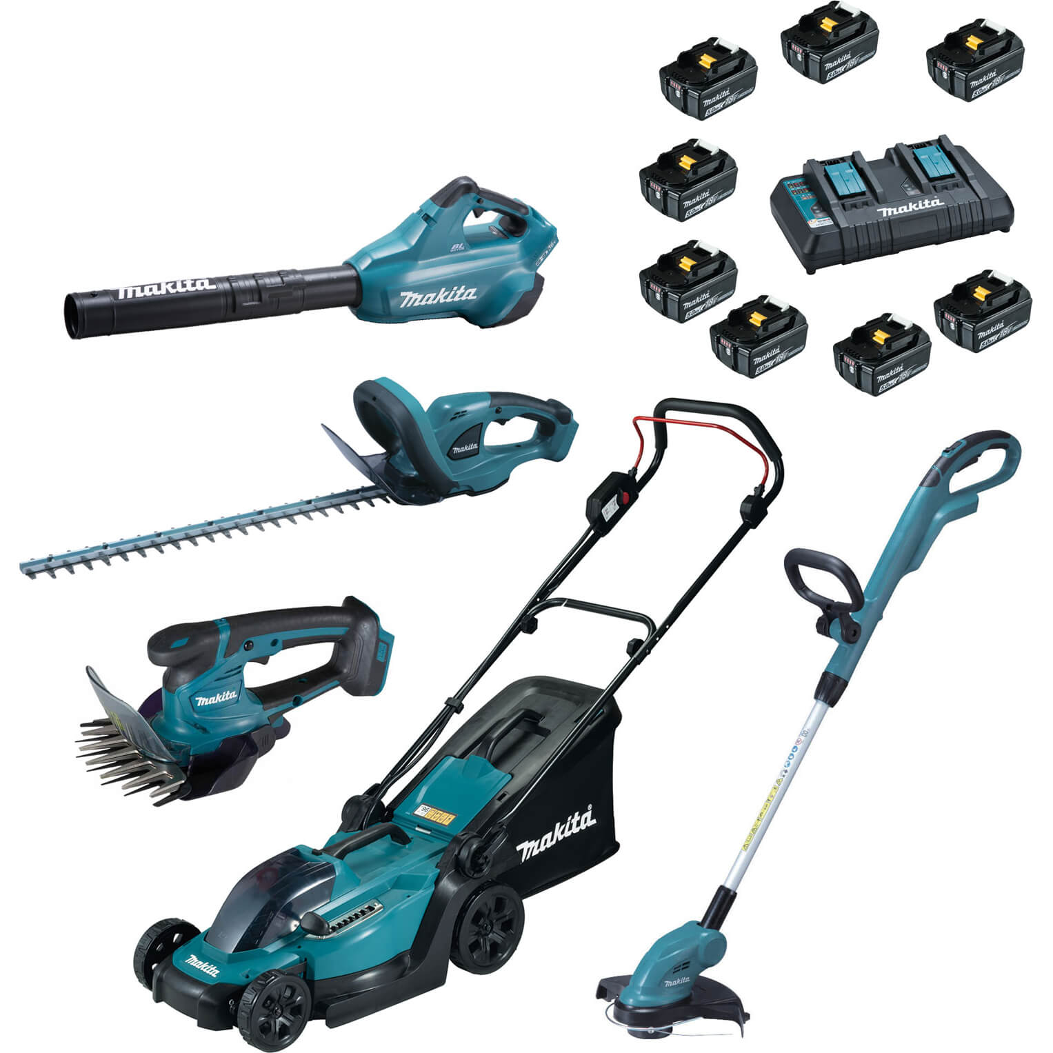 Image of Makita 18v LXT Cordless Complete Garden Set 8 x 5ah Li-ion Twin Battery Charger