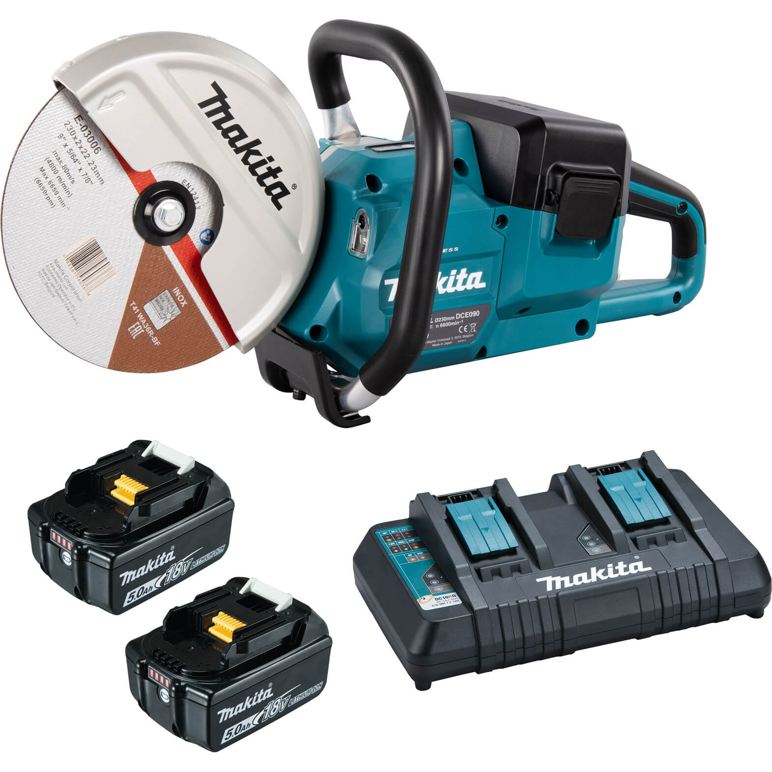 Image of Makita DCE090 Twin 18v LXT Cordless Brushless Disc Cutter 230mm 2 x 5ah Li-ion Charger No Case