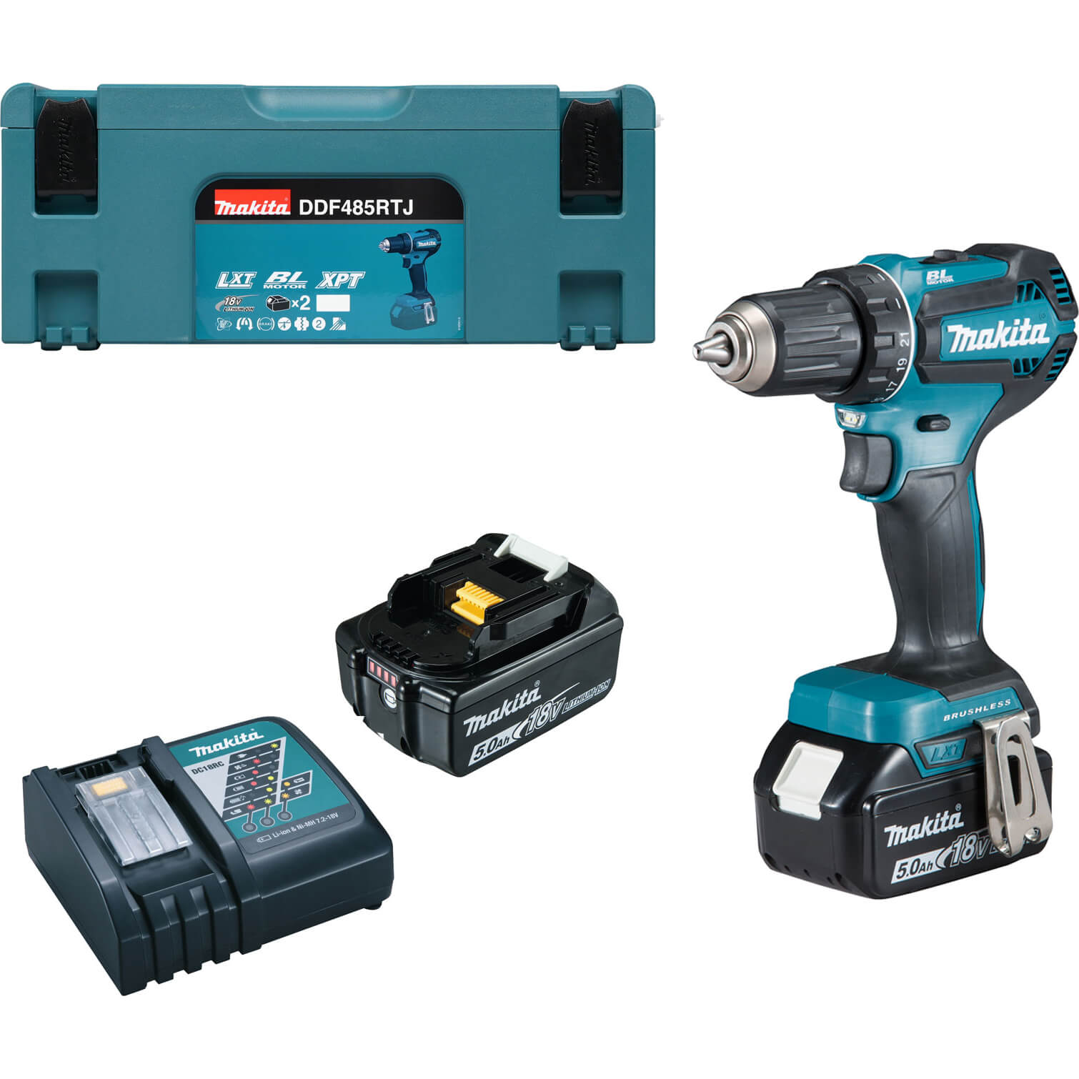 Image of Makita DDF485 18v LXT Cordless Brushless Drill Driver 2 x 5ah Li-ion Charger Case
