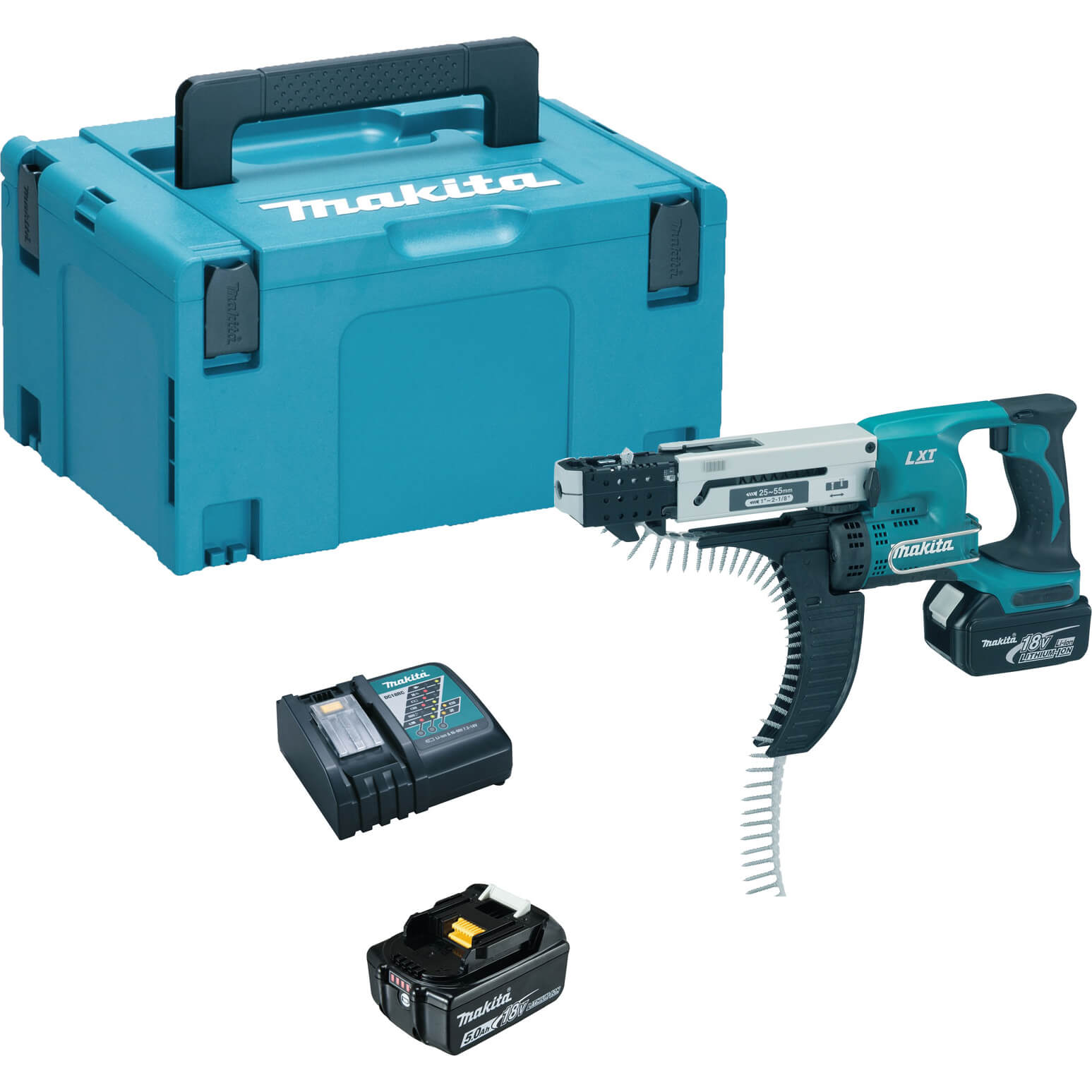 Image of Makita DFR550 18v LXT Cordless Auto Feed Screwdriver 2 x 5ah Li-ion Charger Case