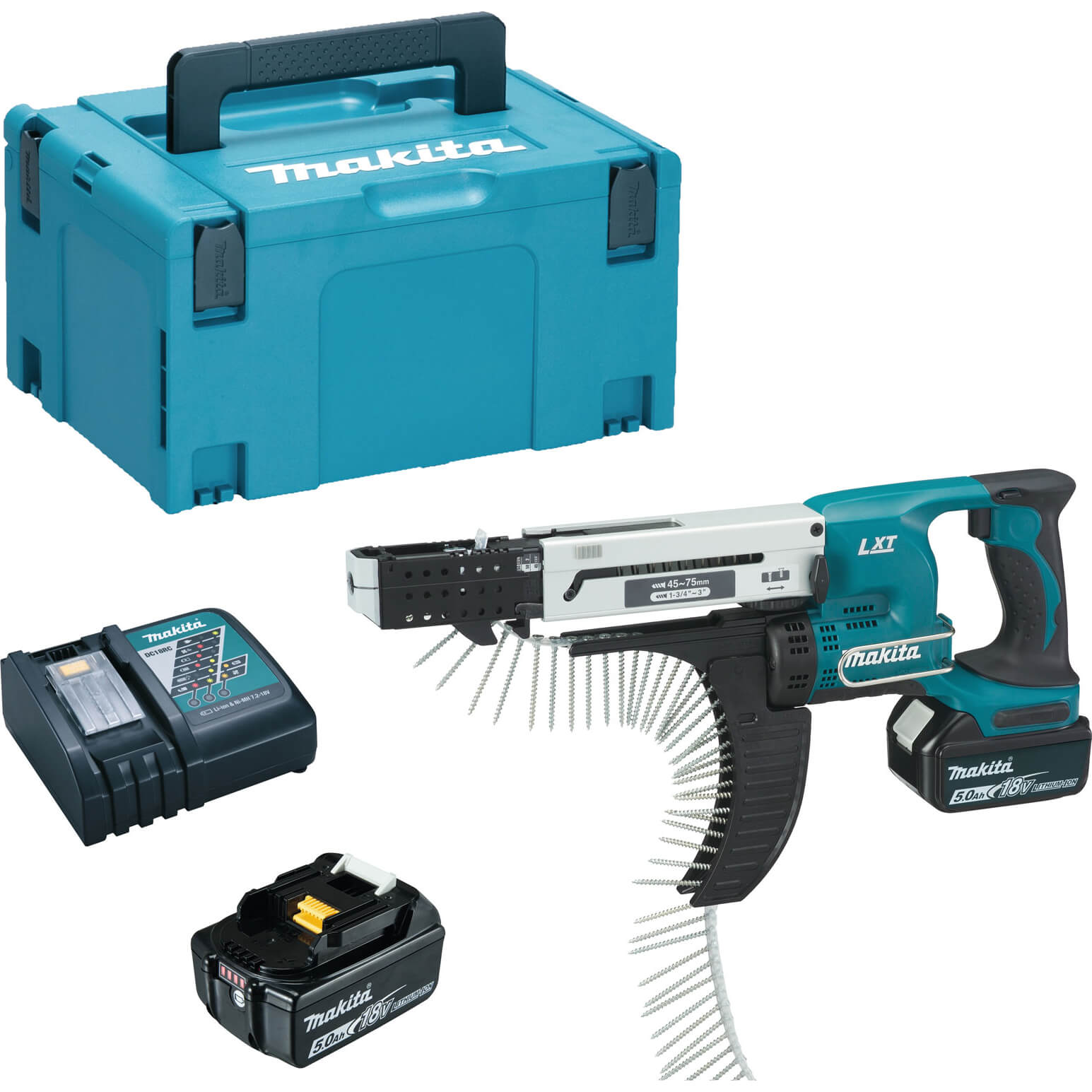 Image of Makita DFR750 18v LXT Cordless Auto Feed Screwdriver 2 x 5ah Li-ion Charger Case