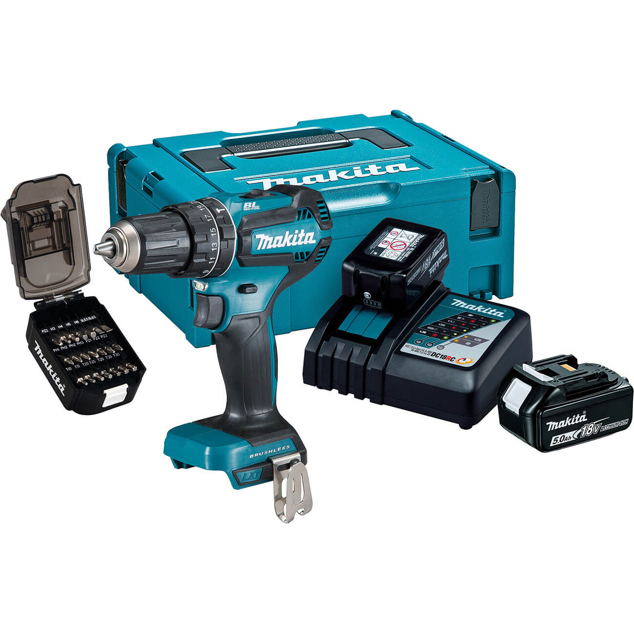 Image of Makita DHP485 18v LXT Cordless Brushless Combi Drill 2 x 5ah Li-ion Charger Case & Accessories