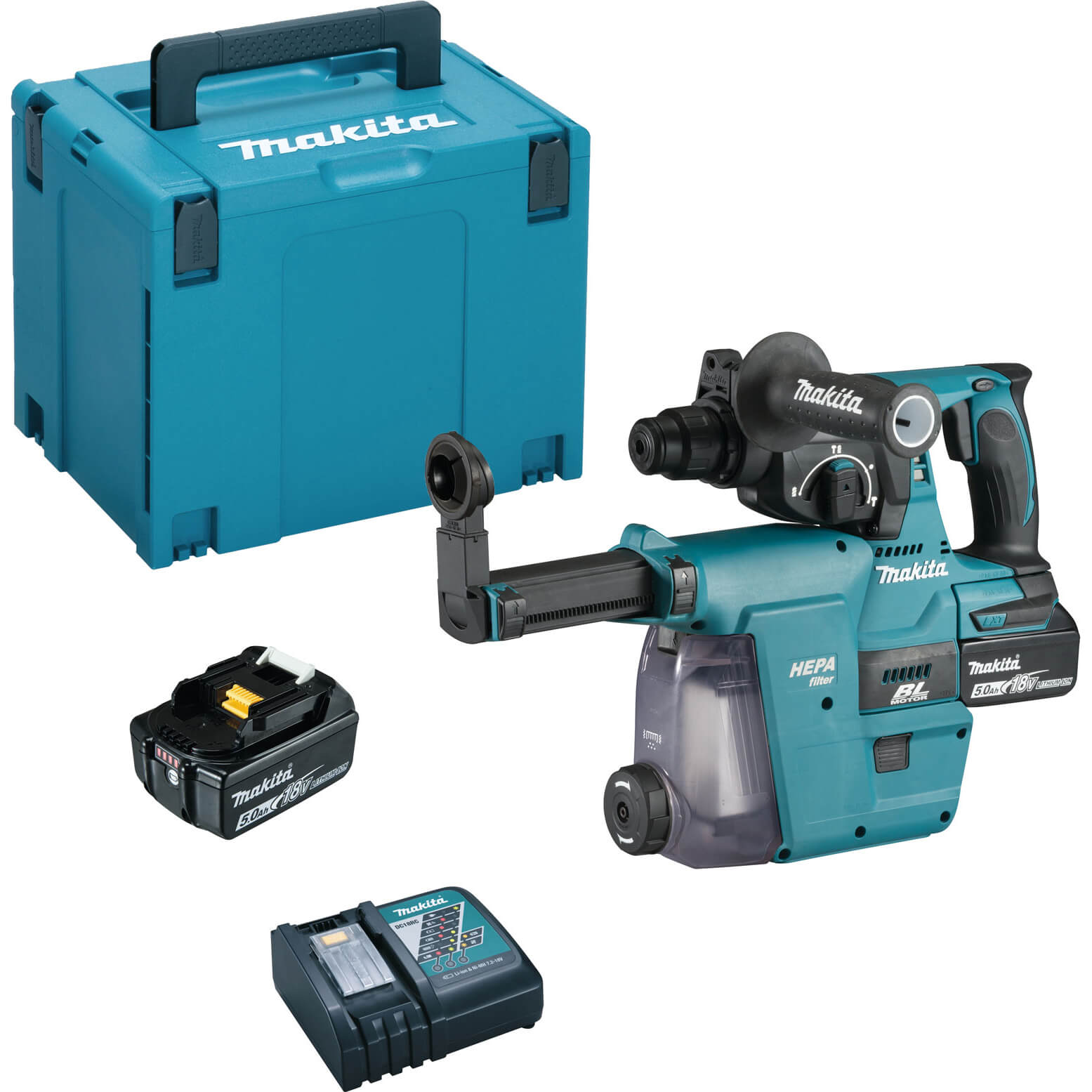 Makita DHR242 18v LXT Cordless SDS Drill and DX06 Dust Attachment 2 x 5ah Li-ion Charger Case