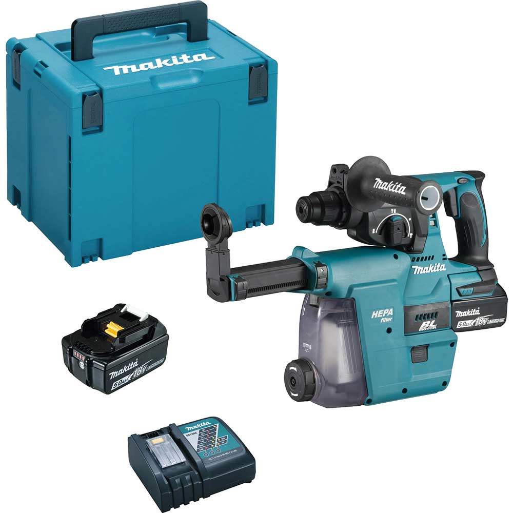 Makita DHR242 18v LXT Cordless SDS Drill and DX06 Dust Attachment 2 x 5ah Li-ion Charger Case