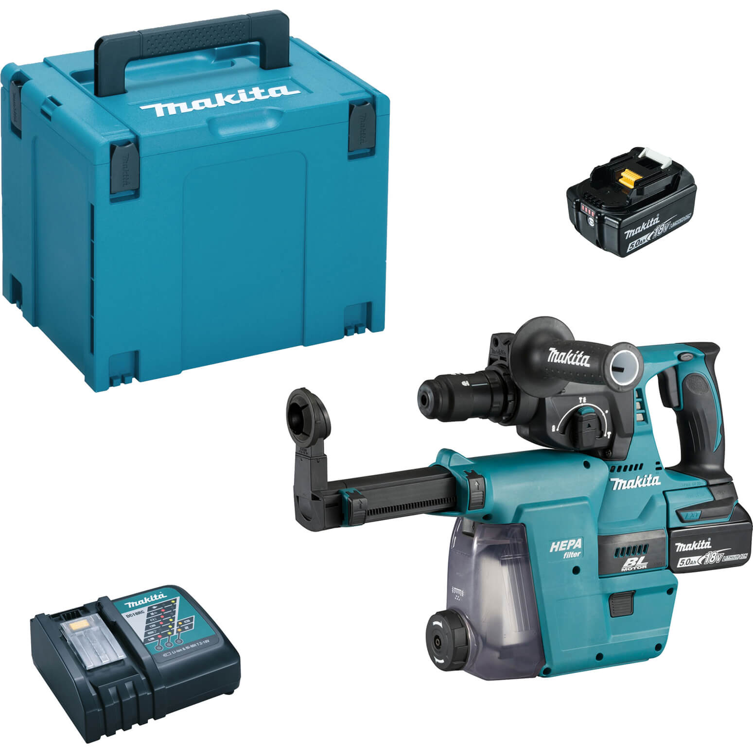 Image of Makita DHR243 18v LXT Cordless SDS Drill and DX07 Dust Attachment 2 x 5ah Li-ion Charger Case