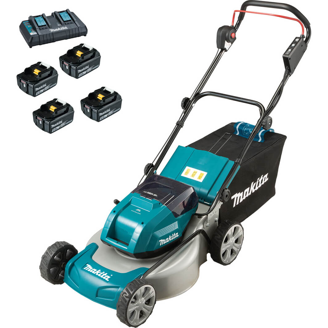 Image of Makita DLM460 Twin 18v LXT Cordless Brushless Rotary Lawnmower 460mm 4 x 5ah Li-ion Charger