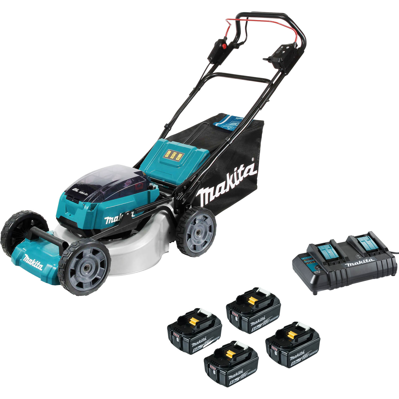 Image of Makita DLM462 Twin 18v LXT Cordless Brushless Lawnmower 460mm 4 x 5ah Li-ion Charger