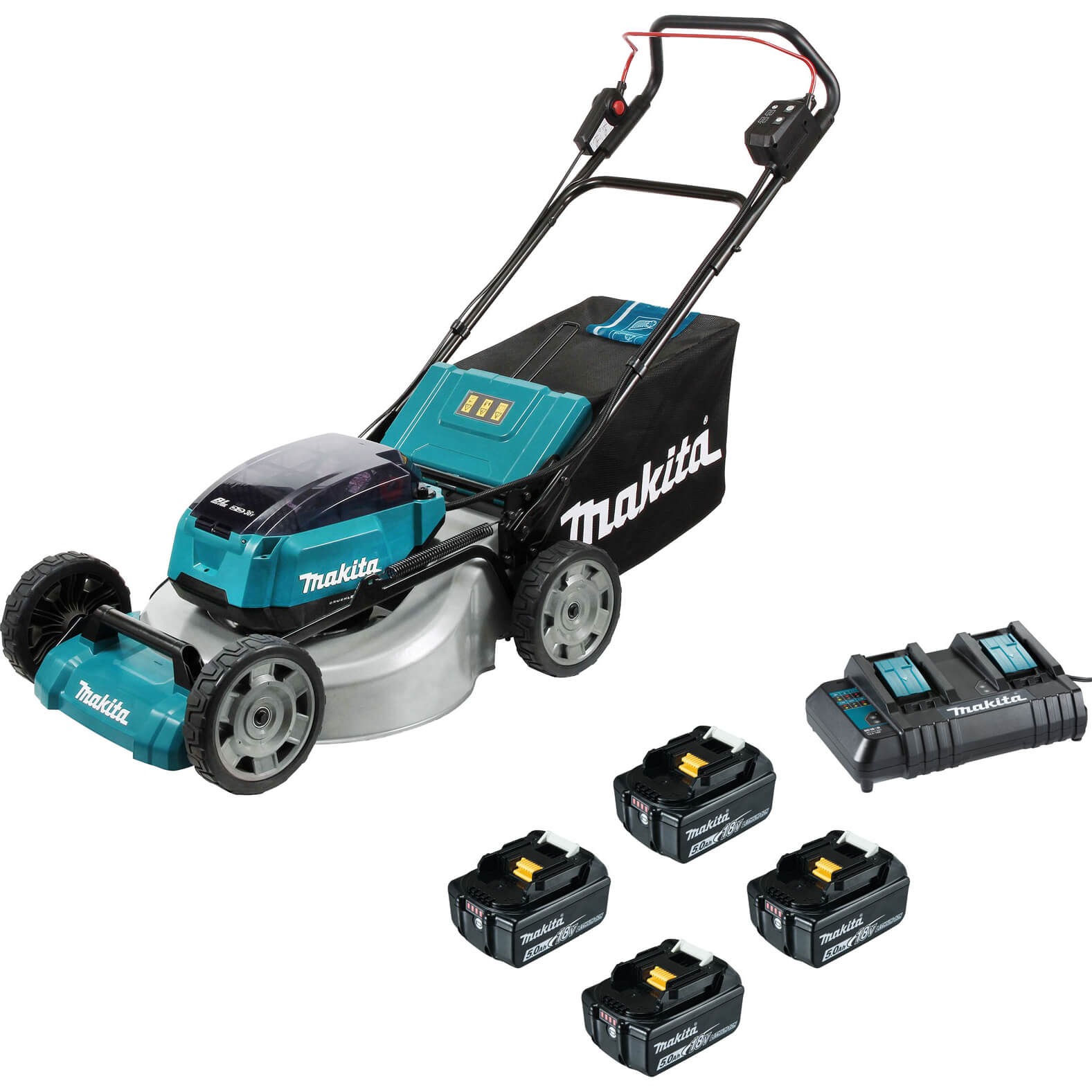 Image of Makita DLM530 Twin 18v LXT Cordless Brushless Lawnmower 530mm 4 x 5ah Li-ion Charger