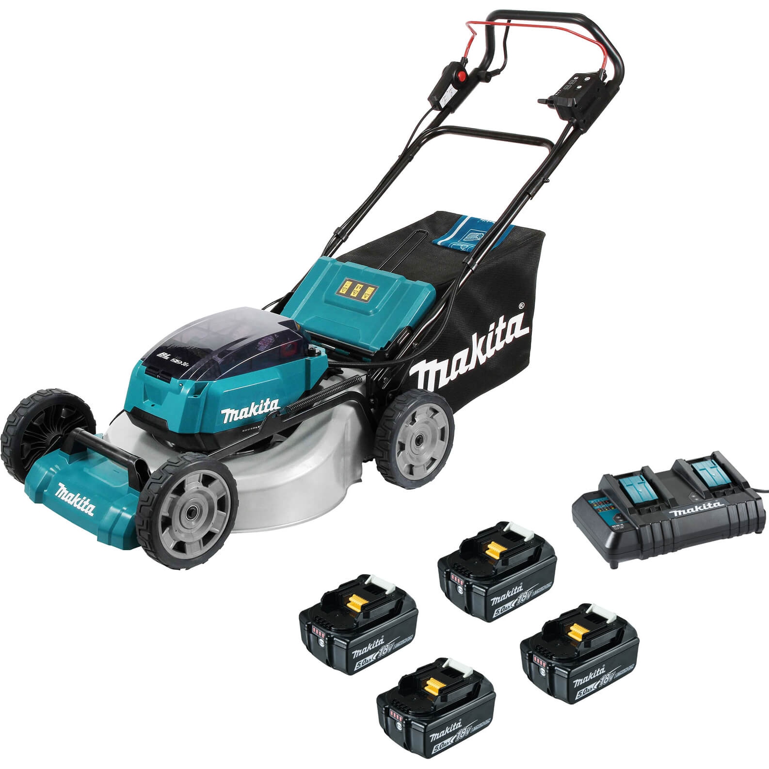 Image of Makita DLM532 Twin 18v LXT Cordless Brushless Lawnmower 530mm 4 x 5ah Li-ion Charger