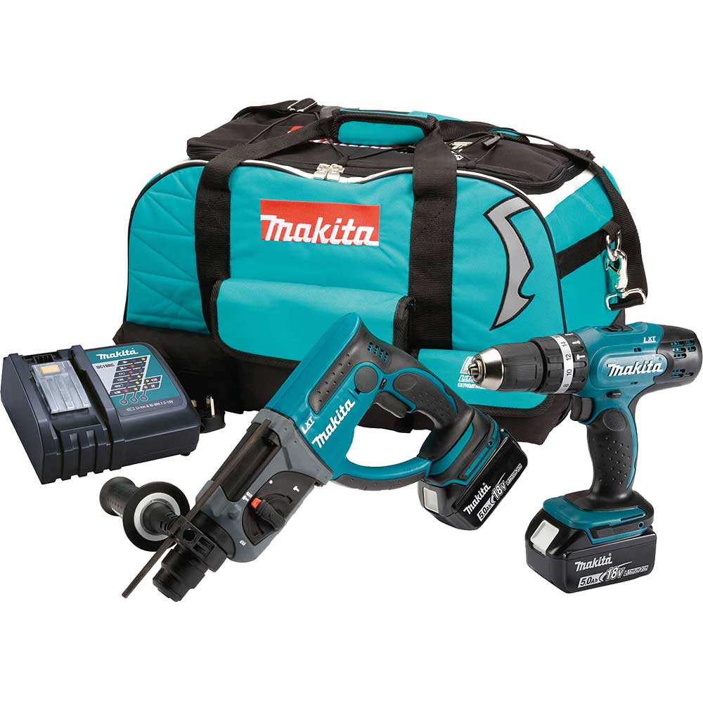 Image of Makita DLX2025T 18v LXT Cordless SDS Plus and Combi Drill Kit 2 x 5ah Li-ion Charger Bag