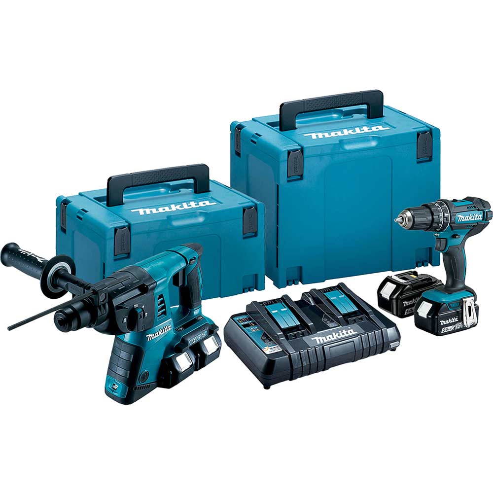 Image of Makita DLX2137PTJ 18v LXT Cordless SDS Plus and Combi Drill Kit 4 x 5ah Li-ion Charger Case