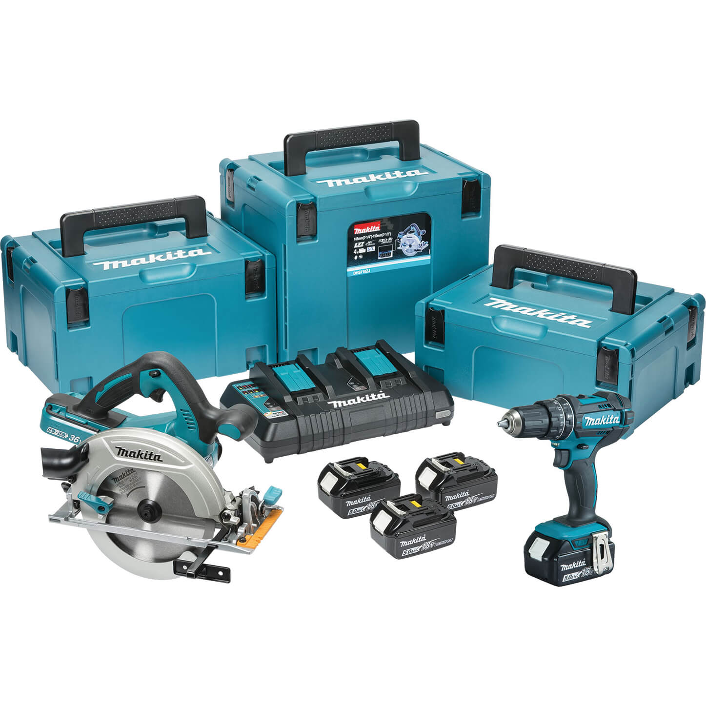 Image of Makita DLX2140PTJ 18v LXT Cordless Circular Saw and Combi Drill Kit 4 x 5ah Li-ion Twin Battery Charger Case