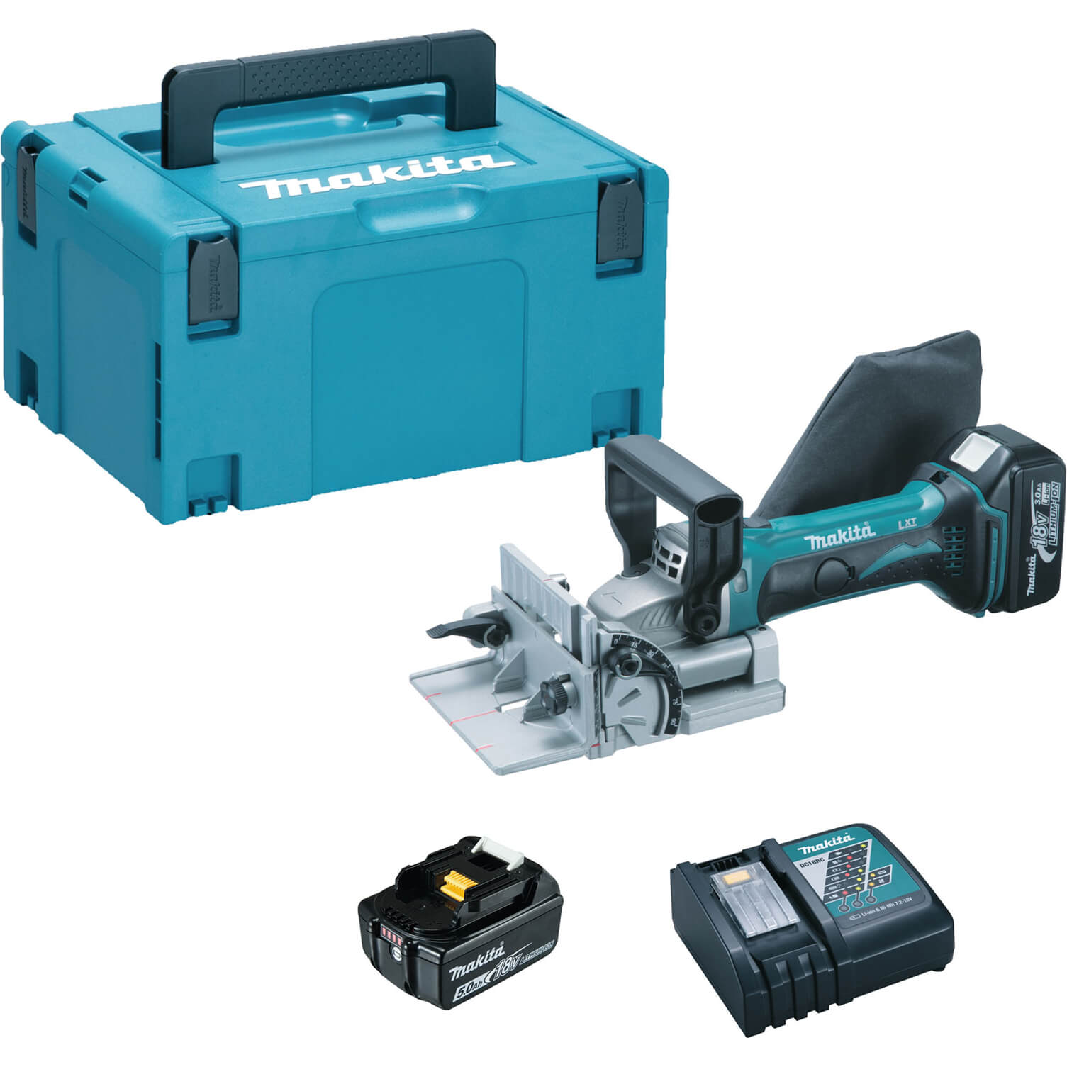 Image of Makita DPJ180 18v LXT Cordless Biscuit Jointer 2 x 5ah Li-ion Charger Case