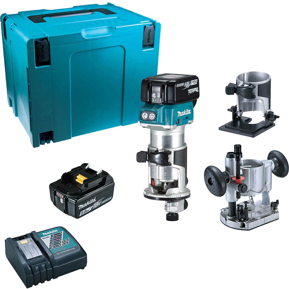 Makita DRT50 18v LXT Cordless Brushless Plunge Router and Trimmer Kit 2 x 5ah Li-ion Battery Charger Case & Accessories