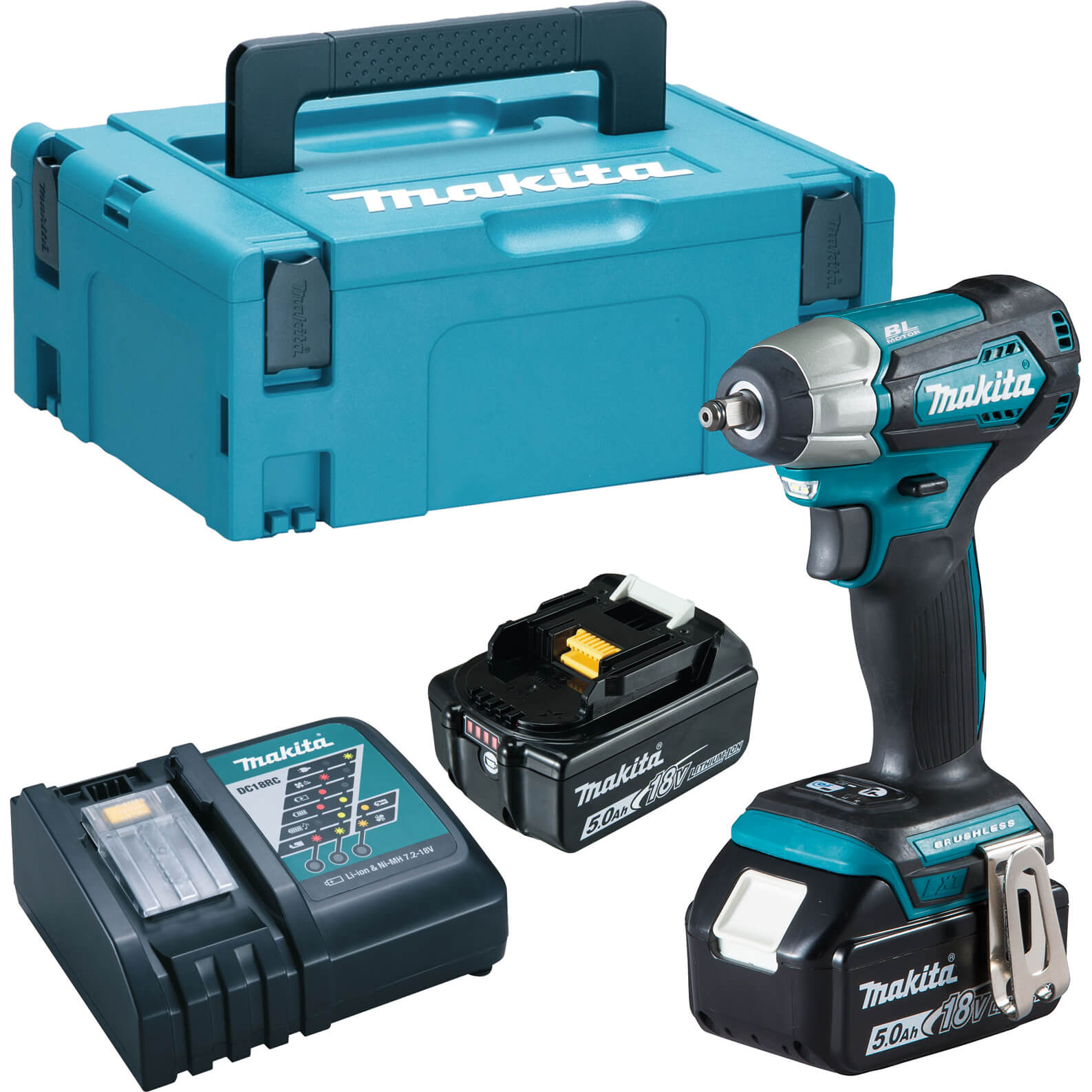 Image of Makita DTW180 18v LXT Cordless Brushless 3/8" Drive Impact Wrench 2 x 5ah Li-ion Charger Case